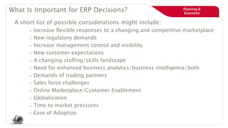 Planning &
Execution
What Is Important for ERP Decisions?
A short list of possible considerations might include:
○ Increase flexible responses to a changing and competitive marketplace
○ New regulatory demands
○ Increase management control and visibility
○ New customer expectations
○ A changing staffing/skills landscape
○ Need for enhanced business analytics/business intelligence/both
○ Demands of trading partners
○ Sales force challenges
○ Online Marketplace/Customer Enablement
○ Globalization
○ Time to market pressures
○ Ease of Adoption
 