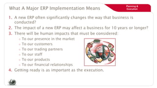 Planning &
ExecutionWhat A Major ERP Implementation Means
1. A new ERP often significantly changes the way that business is
conducted?
2. The impact of a new ERP may affect a business for 10 years or longer?
3. There will be human impacts that must be considered:
○ To our presence in the market
○ To our customers
○ To our trading partners
○ To our staff
○ To our products
○ To our financial relationships
4. Getting ready is as important as the execution.
 