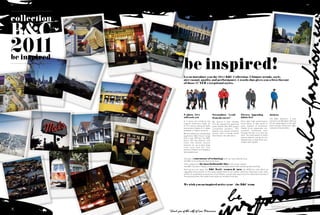 04/                                                                                                                                                                   05/




collection
b&c
2011
be inspired
                         be inspired!




                                                                                                                                                              www.bc-fash
                         Let us introduce you the 2011 B&C Collection. Ultimate trends, style,
                         nice casual, quality and performance: 5 words that gives you a first flavour
                         of those 27 NEW exceptional styles.




                         T-shirts – 2011                     Sweatshirts – “a call             Fleeces – Appealing                 Jackets
                         will rock you                       from the street”                  fabric feel                         The B&C Dynamic, a new
                         In T-shirts we introduce the        We launch 3 new Hooded            Ultra light high performance        premium windbreaker offering
                         Legend Collection made up           Full Zip sweatshirts featuring    micro-fabric to feel warm in        all the advantages of the light
                         of 13 T-shirts suiting all looks    great details (like MP3 player    style, freedom of movement          pack concept: protection, light,
                         and actions thanks to 5 styles      compatible pockets), PST          thanks to an ergonomic cut,         compact and packable.
                         available in 3 fabric versions.     Quality, men, women and kid’s     versatile coordinate item
                         We also extend our outstanding      version with a trendy street      through the fact it’s a Full zip
                         qualitative B&C Exact range         look flavour. You will love it.   style. You have plenty of looks
                         with a new 190 Duo, the B&C                                           options weather you go for the
                         Exact 190 Top /women and                                              layered look, or wear them as a
                         /men. The women version                                               simple outer jacket.
                         features an up-to-date deep
                         crew neck and the men
                         version a fitted cut to display a
                         fashionable look.


                         Discover a concentrate of technology with our new softshell Duo:
                         the B&C X-lite Softshell /women & /men.
                         Then collapse for the most fashionable Duo of the winter season:
                         the B&C Coccoon+ Glossy, a new version of our down jacket with a black glossy finishing.
                         And last but not least, the b&c Real+ /women & /men, the NEW Duo that offers an
                         upgraded entry product to the heavy weight level of our Jacket collection. Resistant outer shell,
                         perfect fit, qualitative accessories, smart details, casual look, easy access for decoration are few of
                         the particularities that make those styles an excellent new duo.



                         We wish you an inspired active year / the b&c team




                                                                              be
              Thank you of the city of San Francisco
 