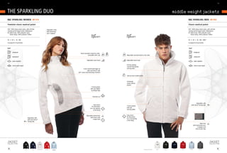 76/                                                                                                                                                                                                                                                                                        77/




tHE SPArkLing dUo                                                                                                                                                                                                          middle weight jackets
B&C sparkLiNg /WOMEN JW 910                                                                                                                                                                                                                 B&C sparkLiNg /MEN JM 949

feminine classic nautical jacket                                                                                                                                                                                                            Classic nautical jacket

oUt: 100% Heavy taslan nylon, with soft-feel                                   Adjustable collar                                                                                                                                            oUt: 100% Heavy taslan nylon, with soft-feel
coating and full taped seams | Waterproof                                      with drawstring                                                                                                                                              coating and full taped seams | Waterproof
in: Body lining: 100% polyester mesh                                           and 2 stoppers                                                                                                                                               in: Body lining: 100% polyester mesh
    Sleeve lining: 100% polyester taffeta                                                                                                                                                                                                       Sleeve lining: 100% polyester taffeta


XS - S - M - L - XL - XXL                                                                                                                                                                                                                   XS - S - M - L - XL - XXL - XXXL*
5 pcs/pack & 10 pcs/carton                                                                                                                                                                                                                  5 pcs/pack & 20 pcs/carton




        windproof                                                                                                                                                                                                                                        windproof
                                                                                                       Hood concealed inside the collar,
                                                                                                                 removable with a zip       Adjustable concealed hood in the collar
        waterproof                                                                                                                                                                                                                                       waterproof

                                                                                                                  Adjustable storm hood     Adjustable storm hood
        water-repellent                                                                                                                                                                                                                                  water-repellent

                                                                                                                                            Full-zip opening
        critical seams taped                                                                                                                                                                                                                             critical seams taped
                                                                                                                                            covered with piping
                                                                                                            Front covered full-length zip   and zip puller
                                                                                                                   with oval Velcro® tabs
                                                                                                    and 1 press-stud fastening at bottom

                                                                                                                                            internal chest wallet pocket


                                                                                                                                            Full-length
                                                                                                                                            inside comfort
                                                                                                                                            placket
                                                                                                                         2 front pockets
                                                                                                                        with zips hidden
                                                                                                                         by design flaps



                                                                                                                            Feminine cut



                                                                                                                                                                                                                                                         Adjustable cuffs
                                                                                                                             Easy access                                                                                                         with Velcro® closing tabs
                                                                                                                          for decoration    2 front pockets
                                                                                                                       via a zip opening    with zips
                                                                                                                            in the lining   and zip pullers



                                                                                                                 Adjustable bottom hem      Easy access
                                                                                                                       (with draw cord)     for decoration
                                       Adjustable cuffs
                                                                                                                            Longer back     via a zip opening
                                       with oval Velcro®
                                                                                                                                            in the lining
                                       closing tabs
                                                                                                                                                                                                                                                                     open hem
                                                                                                                                                                                                                                                         with elasticated cord,
                                                                                                                                                                                                                                                                2 stoppers and
                                                                                                                                                                                                                                                             easy-to-pull rings




                               BLaCk          naVy         whITe/Sky GRey   Red/whITe   ICe BLue/                                                                          * CoLouRS aVaILaBLe In XXXL   whITe   BLaCk *   naVy *   Red *     ICe BLue            daRk GRey
                                                                                        daRk GRey
 