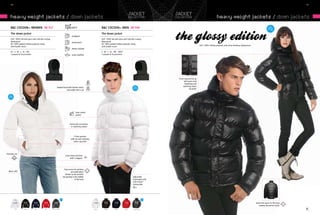 80/                                                                                                                                                                                                                                                                                                  81/




    heavy weight jackets / down jackets                                                                                                                                                                                         heavy weight jackets / down jackets
                                                                                                                                                                                                                                                                                           2 01
     B&C COCOON+ /WOMEN JW 927                                                                                         B&C COCOON+ /MEN JM 948                                                                                                                                             1
                                                                                                                                                                                                                                                                                         NEW
                                                                                                                                                                                                                                                                                        col
                                                                                                                                                                                                                                                                                              our
                                                                                                                                                                                                                                                                                                    s

     the down jacket                                                                                                   the down jacket
                                                                                        windproof
     oUt: 100% full-dull nylon with soft-feel coating                                                                  oUt: 100% full-dull nylon with soft-feel coating
     Waterproof                                                                         showerproof                    Waterproof
     in: 100% padded taffeta polyester lining                                                                          in: 100% padded taffeta polyester lining
                                                                                                                                                                                                            oUt: 100% taffeta polyester with shiny finishing | Waterproof
     with feather touch                                                                                                with feather touch
                                                                                        thermo-isolated
     XS - S - M - L - XL - XXL                                                                                         S - M - L - XL - XXL - XXXL*
     1 pc/pack & 10 pcs/carton                                                          water-repellent                1 pc/pack & 10 pcs/carton




                                                                                                                                                                                   Front covered full zip
                                                                                                                                                                                         with press-stud
                                                                                                                                                                                          fastenings and
                                                                                                                                                              2011                      matching colour
                                                               Padded hood with feather touch,                                                               NEW
                                                                                                                                                             colours                           zip puller
                                                                         removable with a zip

   2011
  NEW
  colours




                                                                                             inner wallet
                                                                                             pocket



                                                                                      Lining and accessories
                                                                                        in matching colours



                                                                                           2 front pockets
                                                                                       with zip and matching
                                                                                          colour zip puller




Feminine cut
                                                                                inner draw cord hem
                                                                                     with 2 stoppers




                                                                               Easy access for printing
  open cuffs                                                                           and embroidery
                                                                                 thanks to the invisible
                                                                             zip opening in the middle                                                       Adjustable
                                                                                            of the back                                                      elasticated cuffs
                                                                                                                                                             with Velcro®
                                                                                                                                                             closing tabs




                                                                       NEW                                                                                                   NEW


                                                                                                                                                                                                                                                                            Seam-free space on the back
                                                                                                                                                                                                                                                                               making decoration easier
            wHiTe    blaCk        navy        red       glossy blaCk
                                                                                                               wHiTe      blaCk*        navy*         red*    glossy blaCk
 