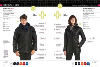 82/                                                                                                                                                                                                                                                                                       83/




tHE rEAL + dUo                                                                                                                                                    2 011 Ed
                                                                                                                                                               rEli
                                                                                                                                                                        ft
                                                                                                                                                                                                 heavy weight jackets / parkas
                                                                                                                                                                              E
                                                                                                    20
                                                                                                  rEl 11                                                         styl
                                                                                                     iftE
B&C rEaL + /MEN JM 970                                                                            styl    d                                                                                                                              B&C rEaL + /WOMEN JW 925
                                                                                                         E
Warm and comfortable                                                                                                                                                                                                                     Warm and comfortable
multi-activity winter parka                                                                                                                                                                                                              multi-activity winter parka
oUt: 100% oxford Polyester | Waterproof                                                                                                                                                                                                  oUt: 100% oxford Polyester | Waterproof
PU 1000 MM coating                                                                                                                                                                                                                       PU 1000 MM coating
in: 100% Polyester taffeta quilt padding                                                                                                                                                                                                 in: 100% Polyester taffeta quilt padding
100% anti-pilling polyester micro-fleece (180 g/m2)                                                                                                                                                                                      100% anti-pilling polyester micro-fleece (180 g/m2)
on top back panel                                                                                                                                                                                                                        on top back panel

S - M - L - XL - XXL - XXXL                                                                                                                                                                                                              XS - S - M - L - XL - XXL
1 pc/pack & 10 pcs/carton                                                                                                                                                                                                                1 pc/pack & 10 pcs/carton

                                                       2011
                                                      rEliftEd
                                                      stylE

        windproof                                                                                                                                                                                                                                  windproof
                                                                                                                               Hood in shell fabric                                                                     2011
                                                                                                                                                                                                                    rEliftEd
                                                                                                                                                                                                                        stylE
        waterproof                                                                                                                                     Hood in shell fabric                                                                        waterproof
                                                                                                         Concealed 3 pieces hood with eyelets
                                                                                                         and flat drawstrings with plastic butts       Concealed 3 pieces hood with eyelets
        thermo-isolated                                                                                                                                                                                                                            water-repellent
                                                                                                                                                       and flat drawstrings with plastic butts

        water-repellent                                                                                                                                                                                                                            critical seams taped
                                                                                                                                    Chin protector     Chin protector
        critical seams taped

                                                                                                                            Full front zip fastener    Full front zip fastener
                                                                                                                           with Velcro® storm flap     with Velcro® storm flap




                                                                                                                                    1 inner zipped     1 inner zipped
                                                                                                                                     wallet pocket     wallet pocket                                                                                                 Feminine cut


Ergonomic sleeves
& articulated elbow                                                                                                                                                                                                                                          Ergonomic sleeves
to follow each movement                                                                                                                                                                                                                                     & articulated elbow
                                                                                                                            2 front zipped pockets                                                                                                   to follow each movement
                                                                                                                                   with storm flap,
                                                                                                                                  providing roomy      2 front zipped pockets
                                                                                                                                  & secure storage     with storm flap,
                                                                                                                                                       providing roomy
                                                                                                                                                       & secure storage


                                                                                                                                Velcro® adjustable
                                                                                                                                  cuffs with puller
                                                                                                                                                       Velcro® adjustable
                                                                                                                                                       cuffs with puller



                                                                                                                        Easy access for decoration     Easy access for decoration
                                                                                                                             via a zip in the lining   via a zip in the lining

Polyester padded
bodylining                                                                                                                 Concealed zip opening       Concealed zip opening
                                                                                                             at the bottom of lining for decoration    at the bottom of lining for decoration




                               wHiTe      blaCk       navy       orange   deep red   royal blue                                                                                                  wHiTe   blaCk   navy           orange         deep red     royal blue
 