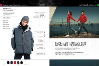 84/                                                                                                                                                                                                                                                 85/




heavy weight jackets / parkas                                                                                                                                                                                       technical jackets
B&C 3-iN-1 Ju 870
the 3-in-1 jacket system
> oUtEr JACkEt
oUt: 100% heavy taslan nylon with soft-feel                                                                    > iNNEr fLEECE         > OutEr JaCkEt
coating and full taped seams | Waterproof
                                                                                                           Full front-zip opening     Adjustable lined
in: 100% polyester mesh lining
                                                                                                                                      hood concealed
> innEr JACkEt                                                                                                    2 front pockets
                                                                                                                                      inside the collar
100% anti-pilling polyester micro-fleece
                                                                                                         Attached to outer jacket
                                                                                                           but can be zipped out
S - M - L - XL - XXL - XXXL*                                                                                 and worn separately
1 pc/pack & 10 pcs/carton


        windproof




                                                                                                                                                                                                                                                          B&C Hooded Softshell /women & B&C Hooded Softshell /men
        waterproof


        thermo-isolated


        water-repellent


        critical seams taped



                                                                                                             Front covered full-zip with zip puller,
                                                                                                                             press-stud fastenings

                                                                                                                                                          technical jackets / B&c X-lite / technical jackets
                                                                                                                       and Velcro® closing at top


                                                                                                                                                          B&c hooded softshel / technical jackets / B&c X-lit
                                                                                                                               inner wallet pocket        / technical jackets / B&c hooded softshel / technica
                                                                                                                                                          jackets / B&c X-lite / technical jackets / B&c hoode
                                                                                                                                and utility pockets


                                                                                                                                                          softshel / technical jackets / B&c X-lite / technica
                                                                                                                             inner elasticated cord
                                                                                                                              at the waist and hem        jackets / B&c hooded softshel / technical jackets
                                                                                                                              with 2 stoppers each
                                                                                                                                                          B&c X-lite / technical jackets / B&c hooded softshel
                                                                                                                                                          technical jackets / FABRICS / AND
                                                                                                                                                                 SuPERIOR /B&c X-lite jackets / B&c X-lit
                                                                                                                             and easy-to-pull rings
                                                                                                                                                                                                                                            technical jackets
                                                                                                                                                          B&c hooded softshel                                                     technical
                                                                                                                   2 dual-entry front pockets with
                                                                                                                    horizontal zips and zip pullers
                                                                                                                      as well as open-side access
                                                                                                                                                                 ADVANCED /TECHNOLOGY
                                                                                                                                                          / technical jackets                                                  B&c hooded softshel / technica
                                                                                                                                                          jackets /material combinesX-lite / with breathability.
                                                                                                                                                                 Softshell          B&c weather protection technical jackets / B&c hoode
                                                                                                                                                          softshel Softshell line uses cutting-edge technology to offer maximum comfort.B&c X-lite / technica
                                                                                                                                                                 the B&C / technical jackets /
                                                                                                                                  Adjustable cuffs
                                                                                                                         with Velcro® closing tabs

                                                                                                                                                          jackets /that allow you to negotiate withsoftshel / technical jackets / B&
                                                                                                                                                                 2 duos B&c hooded uncertain weather
                                                                                                                                                          X-lite / technical jackets / B&c hooded softshel / technica
                                                                                                                                                                 .........................................................................
                                                                                                                                                          jackets / B&C X-lite duo that offers you a Light paCk prOtECtiON
                                                                                                                                                                 > The B&c X-lite / technical jackets / B&c hoode
                                                                                                                        Easy access for decoration        softshel / technical jackets / B&c X-lite / technica
                                                                                                                                                                 .........................................................................
                                                                                                                                                          jacketsTheB&c Hooded Softshell that protects technicalstyle
                                                                                                                                                                 > / B&C hooded softshel / against the elements with jackets / B&
                                                                                                                    via a zip opening in the lining


                                                                                                                                                          X-lite / technical jackets / B&c hooded softshel / technica
                                                                                                                                                          jackets / B&c X-lite / technical jackets / B&c hoode
                                                                                                                                                          softshel / technical jackets / B&c X-lite / technica
                                                                                                                                                          jackets / B&c hooded softshel / technical jackets
                                                                                                                                                          B&c X-lite / technical jackets / B&c hooded softshel
                  BLaCk*       naVy*      Red*   daRk GRey/   BLaCk/GRey   * CoLouRS aVaILaBLe In XXXL
                                                  ICe BLue
 