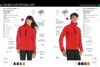 88/                                                                                                                                                                                                                                                                                                                 89/




tHE B&C X-LitE SoFtSHELL dUo                                                                                                                                                                                                                            technical jackets
B&C x-LitE sOftshELL /WOMEN JW 938                                                                                       WIND                                                             WIND                                                                      B&C x-LitE sOftshELL /MEN JM 951
                                                                                                                                                       RAIN                                                          RAIN

                                                                                           OuTER LAyER                                                          OuTER LAyER                                                        Chin protector
high performance 3-layer                                                                   SoFTSheLL woVen FaBRIC
                                                                                           (94% peS - 6% eLaSTane)
                                                                                                                                                                SoFTSheLL woVen FaBRIC
                                                                                                                                                                (94% peS - 6% eLaSTane)                                                                             high performance 3-layer
laminate softshell                                                                         MID LAyER
                                                                                           Bounded wIndpRooF &
                                                                                                                                                                MID LAyER
                                                                                                                                                                Bounded wIndpRooF &
                                                                                                                                                                                                                                                                    laminate softshell
                                                                                           BReaThaBLe MeMBRane                                                  BReaThaBLe MeMBRane
Light pack jacket                                                                                                                                  HIGH LEVEL
                                                                                                                                                   WATER-
                                                                                                                                                                                                                 HIGH LEVEL
                                                                                                                                                                                                                 WATER-
                                                                                                                                                                                                                                                                    Light pack jacket
                                                                                                                                                   REPELLENCy                                                    REPELLENCy
                                                                                           INNER LAyER                                                          INNER LAyER
                                                                                           100% peS MeSh LInInG                                                 100% peS MeSh LInInG
oUtEr LAYEr:                                                                                                                                                                                                                                                        oUtEr LAYEr:
94% Polyester - 6% elastane | Softshell woven (300 g/m²)                                                                           BODy MOISTuRE
                                                                                                                                      VAPOuR
                                                                                                                                                                                                 BODy MOISTuRE
                                                                                                                                                                                                    VAPOuR
                                                                                                                                                                                                                                                                    94% Polyester - 6% elastane | Softshell woven (300 g/m²)
Mid LAYEr:                                                                                                                                                                                                                                                          Mid LAYEr:
Bounded breathable membrane with micro holes                                                                                                                                                                                                                        Bounded breathable membrane with micro holes
                                                                                                                                                                                                                 2011
innEr LAYEr:                                                                                                                                                                                                     NEW                                                innEr LAYEr:
100% Polyester Mesh                                                       2011                                                                                                                                   stylEs                                             100% Polyester Mesh
                                                                          NEW                                                                                                                                                 4.
                                                                          stylEs
XS - S - M - L - XL - XXL                                                            4.                                                                                                                                                                             S - M - L - XL - XXL - XXXL
                                                                                                                                                                Media player compatible:
1 pc/pack & 10 pcs/carton                                                                                                                                                                                                                                           1 pc/pack & 10 pcs/carton
                                                                                                                                                                small opening for earphone cord
                                                                                                                       Media player compatible:                 in right chest pocket + hidden
                                                                                                                     small opening for earphone                 earphoneloop on the collar
                                                                                                                       cord in right chest pocket
                                                                                                                        + hidden earphone loop
        windproof                                   Chin protector                                                                                                                                                                                                            windproof
                                                                                                                                     on the collar
                                                                                                                                                                right chest zipped pocket
        waterproof: 8000 mm                                                                                                                                     with reverse zip fastening,                                                                                   waterproof: 8000 mm
                                                                                                                                                                garage & zip puller
        breathable: 5000 g/m²/24H                                                                                                                                                                                                                                             breathable: 5000 g/m²/24H

                                                                                                                                                                Full front reverse
        thermo-isolated                                                                                                                                         zip fastener                                                                                                  thermo-isolated
                                                                                                                                                                with zip puller
        water-repellent                                                                                                                                                                                                                                                       water-repellent
                                                                                                                                                                Full inner placket
                                                                                                                                 right chest zipped             in outer
        4-way stretch                                                                                                           pocket with reverse             Softshell fabric                                                                                              4-way stretch
                                                                                                                                      zip fastening,
        critical seams taped                                                                                                    garage & zip puller                                                                                                                           critical seams taped

                                                                                                                                                                                                                                                                                             2 inner pockets
                    2 inner pockets                                                                                              Performance fit:
                                                                                                                          Ergonomic body shape                                                                                                                                           Performance fit:
                    Full front reverse zip                                                                             Articulated raglan sleeves                                                                                                                                Ergonomic body shape
                    fastener with zip puller                                                                                                                                                                                                                                   Articulated raglan sleeves

                    Full inner placket
                    in outer Softshell fabric                                                                                         2 front zipped                                                                                                                                 2 front zipped pockets
                                                                                                                                             pockets

                    Adjustable bottom hem                                                                                                                       Longer back
                    with elasticated drawcords
                    and stoppers                                                                                                                                                                                                                                                       Adjustable cuffs with
                                                                                                                                                                                                                                                                                     rubber tab and Velcro®

                                                                                                                                                                                                                                                                                           Elasticated cuffs
                     Longer back                                                                                                 Adjustable cuffs                                                                                                                                          and bottom hem
                                                                                                                     with rubber tab and Velcro®

                                                                                                                                   Elasticated cuffs
                                                                                                                                   and bottom hem                                                                                                                         Adjustable bottom hem with
                                                                                                                                                                                                                                                                   elasticated drawcords and stoppers




                               whITe        BLaCk    naVy      deep Red       GReen MoSS                                                                                                                                              whITe         BLaCk   naVy          deep Red         GReen MoSS
 