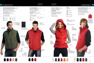 92/                                                                                                                                                                                                                                                                                                                                                                        93/




     bodywarmers                                                                                                                                                                                                                                                                                                                               bodywarmers

     B&C BOdyWarMEr ExpLOrEr Ju 880                                                                                                  B&C BOdyWarMEr+ Ju 882                                              B&C zEN+ /WOMEN JW 935                                                                                              B&C BOdyWarMEr /MEN JM 930
      Multifunctional bodywarmer                                                                                                     the classic bodywarmer                                              trendy down feminine                                                                                                trendy down bodywarmer
                                                                                                                                                                                                                                                                      windproof
                                                                                                                                                                                                         bodywarmer
      oUt: 65%-35% light poly-cotton - Water-repellent                                                                               oUt: 100% micro-polyester -                                                                                                                                                             oUt: 100% taffeta nylon | Waterproof
      & water-resistant                                                                                                              Water-repellent                                                                                                                  showerproof                                            in: 100% padded polyester lining (200 g/m²)
                                                                                                                                                                                                         oUt: 100% taffeta nylon | Waterproof
      in: 100% heavy padded polyester lining                                                                                         in: 100% padded taffeta® polyester lining
                                                                                                                                                                                                         in: 100% padded taffeta polyester lining
      for extra warmth (285 g/m²)                                                                                                    (230 g /m²)                                                                                                                                                                             S - M - L - XL - XXL - XXXL*
                                                                                                                                                                                                         with feather touch                                           thermo-isolated                                        5 pcs/pack & 10 pcs/carton
      S - M - L - XL - XXL - XXXL*                                                                                                   S - M - L - XL - XXL - XXXL*
                                                                                                                                                                                                         XS - S - M - L - XL - XXL
      1 pc/pack & 10 pcs/carton                                                                                                      5 pcs/pack & 10 pcs/carton                                                                                                       water-repellent
                                                                                                                                                                                                         1 pc/pack & 10 pcs/carton

                                                                                                                                                                             water-repellent
                 windproof                        thermo-isolated                                                                                   windproof
                                                                                                                                                                                                                                                                                                                                                                          Large back area
                 showerproof                      water-repellent                                                                                   thermo-isolated                                                                                                                                                                                                       without stitching
                                                                                                                                                                                                                                                                Padded hood with feather touch,                                                                           and invisible zipper
                                                                                                                                                                                                                                                                removable with a zip                                                                                      opening in the
                                                                                                                                                                                                                                                                                                                                                                          middle of the back
                                                        Adjustable wind-stoppers                                                                                               Front covered                                                                                                                                                                              for easy decoration
                                                                 in the armholes                                                                                               full-zip
                                                            with elasticated cord                                                                                              with Velcro®closing
                                                                     and stopper                                                                                                                                                                                Adjustable hood with thick lace



2 extra outer
pencil pockets                                                                             Front covered full-zip                                                                                                                                                                    Large back area
                                                                                           with press-stud fastenings                                                                                                                                                                without stitching
                                                                                                                                                                                                                                                                                     for easy decoration




                                                                                                                                                                                                                                                                                        Full-zip opening
                                                                                                                                                                                                                                                                                        with zip puller
                                                                                    1 inner wallet
                                                                                           pocket
                                                                                                                                                                                                     Feminine
                                                                                                                                                                                                     cut
                                                                                                                                                                                                                                                                                        2 front pockets
                                                                                                                                                                                                                                                                                        with zip and zip pullers,
                                                                                                                                                                                                                                                                                        1 inner wallet pocket

                                                                                                                                                                                                     Adjustable
                                                                                                                                                                                                     bottom hem
                                                                                                                                                                                                     (with draw cord
                                                                                      4 outer pockets                                                                                                and stoppers)
                                                                                            (including
                                                                                           2 with zip)                                                                                                                                                                2 front pockets


                                                                                                         2 front pockets



                                                                                                                                                                                       Elasticated
                                                                                    open hem                                                                                          bottom hem                                                                      Easy access
                                                                              and longer back                                                                                                                                                                         for decoration thanks
                                                                                                                                                                                                                                                                      to the invisible zip opening
                                                                                                                                                                                                                                                                                                                                                                          open hem
                                                                                                                                                                                                                                                                      in the middle of the back
                                                                                                     Easy access                                                                                                                                                                                                                                                    and longer back
                                                                                                     for decoration
                                                                                                     via a zip
                                                                                                     in the lining


        * CoLouRS aVaILaBLe In XXXL                                                                                        * CoLouRS aVaILaBLe In XXXL                                                                                                                                        * CoLouRS aVaILaBLe In XXXL




            BLaCk *              naVy *   Red *       BeIGe         oLIVe                                                     BLaCk *               naVy *      ReaL Red *                                      whITe    BLaCk       naVy       Red   oRanGe   Sand                               whITe                BLaCk *        naVy *      Red *     daRk GRey
 