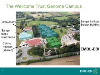 The Wellcome Trust Genome Campus


Data centre                                     Sanger Institute
                                                Sulston building

Sanger
labs /
informatics

 Cairns
 Pavilion
 (shared)                                       EMBL-EBI


                              © John Freebury




29
 