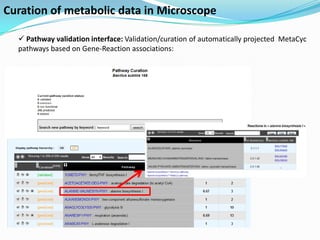 Curation of metabolic data in Microscope

   Pathway validation interface: Validation/curation of automatically projected MetaCyc
  pathways based on Gene-Reaction associations:
 