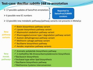 Test-case: Bacillus subtilis 168 re-annotation
  17 possible updates of SwissProt annotations      Reported to
                                                   SwissProt/IUBMB
  6 possible new EC numbers                           curators
  13 possible new metabolic pathways/pathway variants not presents in MetaCyc

            Biotin biosynthesis pathway variant
            Lipoate biosynthesis pathway variant
  New       Myoinositol catabolism pathway variant
pathway     Rhamnogalacturonan type I degradation pathway variant
variants    Acetoin dehydrogenase pathway variant
            Methionin salvage pathway variant
            Bacillaene biosynthesis pathway
            Aerobic respiration pathway variants

            Aromatic polyketide biosynthesis pathway
  New       2-methylthio-N6-threocarbamoyladenosine biosynthesis
 metab.    Bacilysocin biosynthesis
pathways   Archaeal-type ether lipid biosynthesis
           Bacillaene biosynthesis pathway
           Methionine-Cysteine interconversion
 