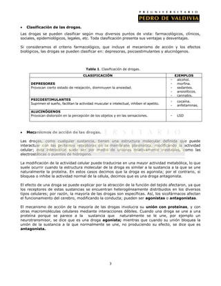 Clasificación de las drogas.
Las drogas se pueden clasificar según muy diversos puntos de vista: farmacológicos, clínicos,
sociales, epidemiológicos, legales, etc. Toda clasificación presenta sus ventajas y desventajas.
Si consideramos el criterio farmacológico, que incluye el mecanismo de acción y los efectos
biológicos, las drogas se pueden clasificar en: depresoras, psicoestimulantes y alucinógenos.

Tabla 1. Clasificación de drogas.
CLASIFICACIÓN
DEPRESORES
Provocan cierto estado de relajación, disminuyen la ansiedad.
PSICOESTIMULANTES
Suprimen el sueño, facilitan la actividad muscular e intelectual, inhiben el apetito.
ALUCINÓGENOS
Provocan distorsión en la percepción de los objetos y en las sensaciones.

-

EJEMPLOS
alcohol.
morfina.
sedantes.
ansiolíticos.
cannabis.

-

cocaína.
anfetaminas.

-

LSD

Mecanismos de acción de las drogas.
Las drogas, como cualquier sustancia, tienen una estructura molecular definida que puede
interactuar con las proteínas receptoras de la membrana plasmática, modificando la actividad
celular; esta interacción suele ser por medio de uniones relativamente inestables, como las
electrostáticas o puentes de hidrógeno.
La modificación de la actividad celular puede traducirse en una mayor actividad metabólica, lo que
suele ocurrir cuando la estructura molecular de la droga es similar a la sustancia a la que se une
naturalmente la proteína. En estos casos decimos que la droga es agonista; por el contrario, si
bloquea o inhibe la actividad normal de la célula, decimos que es una droga antagonista.
El efecto de una droga se puede explicar por la atracción de la función del tejido afectaron, ya que
los receptores de estas sustancias se encuentran heterogéneamente distribuidos en los diversos
tipos celulares; por razón, la mayoría de las drogas son específicas. Así, los sicofármacos afectan
el funcionamiento del cerebro, modificando la conducta; pueden ser agonistas o antagonistas.
El mecanismo de acción de la mayoría de las drogas involucra su unión con proteínas, y con
otras macromoléculas celulares mediante interacciones débiles. Cuando una droga se une a una
proteína porque se parece a la sustancia que naturalmente se le une, por ejemplo un
neurotransmisor, se dice que es una droga agonista; mientras que cuando su unión bloquea la
unión de la sustancia a la que normalmente se une, no produciendo su efecto, se dice que es
antagonista.

3

 