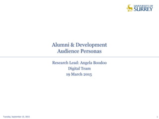 Alumni & Development
Audience Personas
Tuesday, September 15, 2015 1
Research Lead: Angela Boodoo
Digital Team
19 March 2015
 
