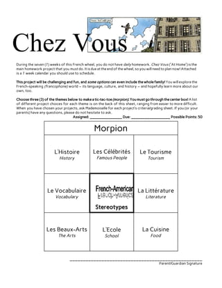  During the seven (7) weeks of this French wheel, you do not have ​daily homework. ​Chez Vous ​(“At Home”) is the
main homework project that you must do. It is due at the end of the wheel, so you will need to plan now! Attached
is a 7 week calendar you should use to schedule.
This project will be challenging and fun, and ​some options can even include the whole family! ​You will explore the
French-speaking ​(francophone) world – its language, culture, and history – and hopefully learn more about our
own, too.
Choose three (3) of the themes below to make a tic-tac-toe ​(morpion).​You must go through the center box! ​A list
of different project choices for each theme is on the back of this sheet, ranging from easier to more difficult.
When you have chosen your projects, ask Mademoiselle for each project’s criteria/grading sheet. If you (or your
parents) have any questions, please do not hesitate to ask. 
Assigned: ______________ Due: _________________ Possible Points: 50
Morpion
L’Histoire
History
Les Célébrités
Famous People
Le Tourisme
Tourism
Le Vocabulaire
Vocabulary
Stereotypes
La Littérature
Literature
Les Beaux-Arts
The Arts
L’Ecole
School
La Cuisine
Food
__________________________________________________
Parent/Guardian Signature
 