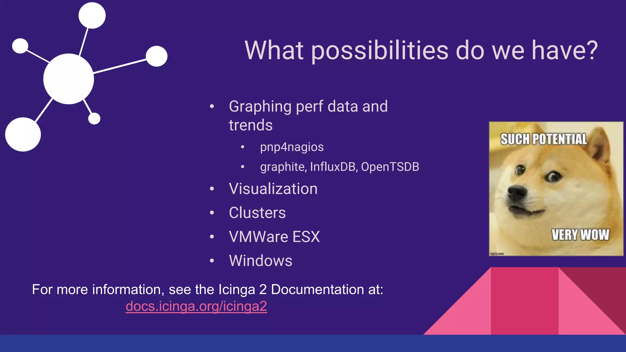 What possibilities do we have?
• Graphing perf data and
trends
• pnp4nagios
• graphite, InfluxDB, OpenTSDB
• Visualization
• Clusters
• VMWare ESX
• Windows
For more information, see the Icinga 2 Documentation at:
docs.icinga.org/icinga2
 