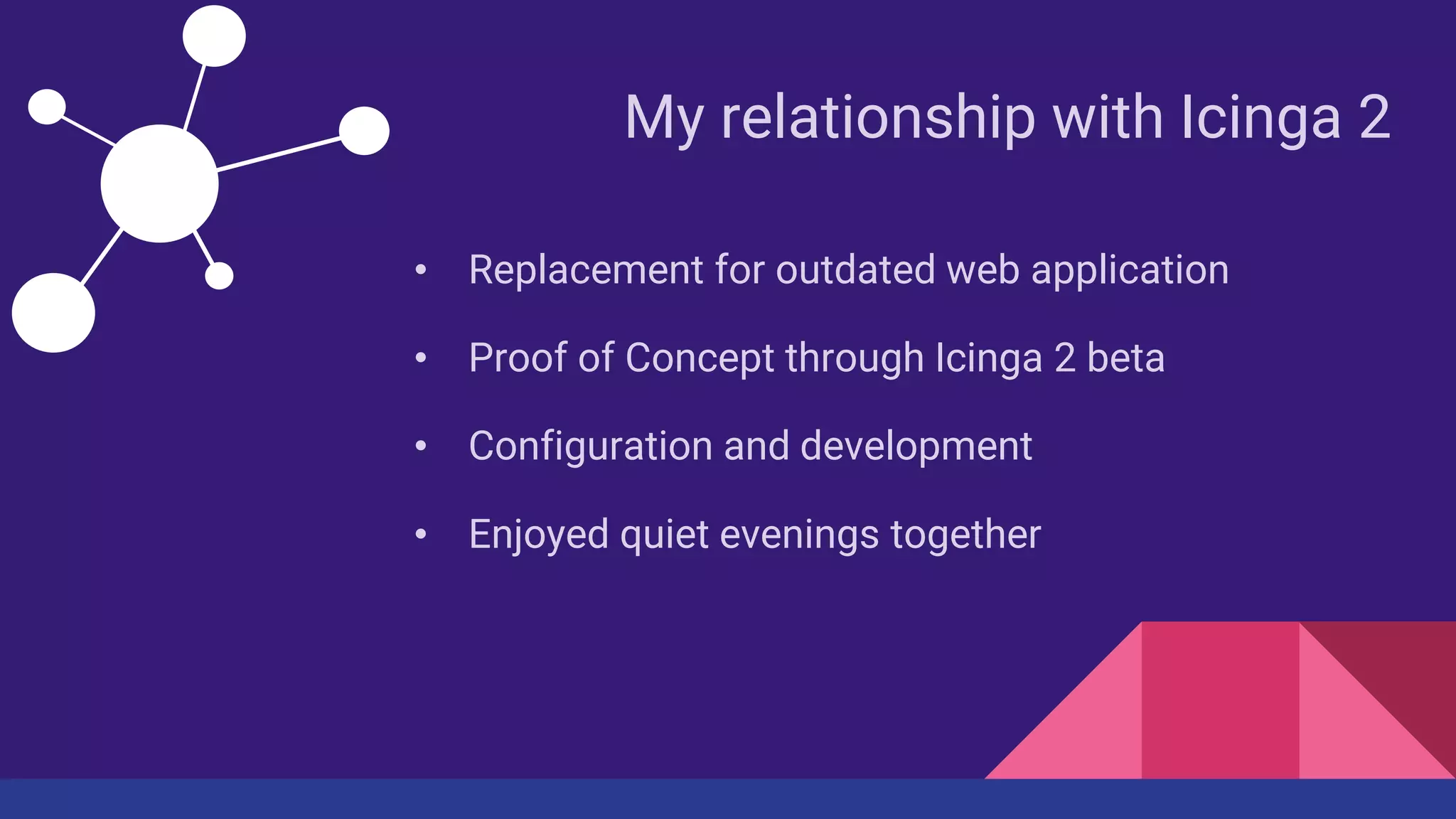 My relationship with Icinga 2
• Replacement for outdated web application
• Proof of Concept through Icinga 2 beta
• Configuration and development
• Enjoyed quiet evenings together
 
