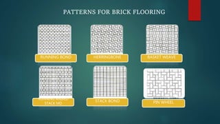 BASKET WEAVEHERRINGBONERUNNING BOND
RUNNING ANIXED
STACK MD
STACK BOND PIN WHEEL
PATTERNS FOR BRICK FLOORING
 