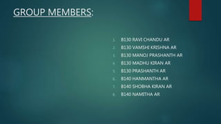 GROUP MEMBERS:
1. B130 RAVI CHANDU AR
2. B130 VAMSHI KRISHNA AR
3. B130 MANOJ PRASHANTH AR
4. B130 MADHU KIRAN AR
5. B130 PRASHANTH AR
6. B140 HANMANTHA AR
7. B140 SHOBHA KIRAN AR
8. B140 NAMITHA AR
 