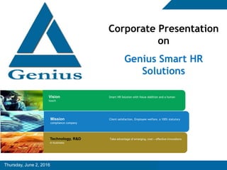Thursday, June 2, 2016
Mission Client satisfaction, Employee welfare, a 100% statutory
compliance company
Vision Smart HR Solution with Value Addition and a human
touch
Technology, R&D Take advantage of emerging, cost – effective innovations
in business
Corporate Presentation
on
Genius Smart HR
Solutions
 