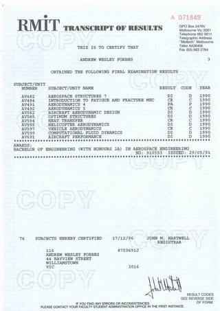 RMIT results transcript - A-FORBES B-ENG Aero | PDF