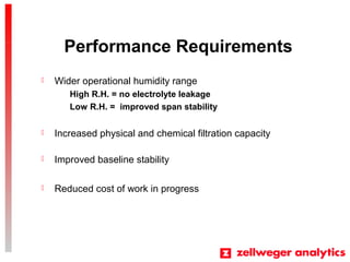 Performance Requirements
? Improved baseline stability
? Wider operational humidity range
High R.H. = no electrolyte leakage
Low R.H. = improved span stability
? Increased physical and chemical filtration capacity
? Reduced cost of work in progress
 