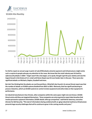 17 www.lucideus.com
For Dell to report an annual surge inpoint-of-sale (POS) attacks aimedat payment card infrastructures might notbe
such a surprise to people whopay any attention to the news.We know that the retail industrywas hit hard by
cybersecurityattacks in 2014—Target wasn’t the only target, so to speak, though it got the year started,and was the
largest breach in the history of U.S.retail until Home Depot was hit evenharder later in the year. There were also
significantattacks on Michaels,Staples,Goodwill andmore.
But don’tbe thinkingthat the attacks are justfocusedthere. WhatDell also foundin its annual threat report was that
the numberof attacks on SCADA systemsdoubledfrom 2013 to 2014. Obviously,that has significantbearingon
process industries,whichuse SCADA systemsto control remote equipmentandcollect data on that equipment’s
performance.
As industrial manufacturers face threats, othercompanies withinthe same space might not evenknow a SCADA
threat existsuntil they are targeted themselves.“Since companiesare onlyrequiredto report data breachesthat
involve personal or payment information,SCADA attacks oftengo unreported,” saidPatrick Sweeney,executive
director for Dell Security.“This lack of informationsharing combinedwith an aging industrial machinery infrastructure
presentshuge security challengesthat will to continue to grow inthe coming months and years.”
 