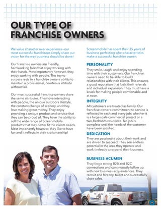 They smile, laugh, and enjoy spending
time with their customers. Our franchise
owners need to be able to build
relationships with their clients. This ensures
a good reputation that fuels their referrals
and individual expansion. They must have a
knack for making people comfortable and
at ease.
All customers are treated as family. Our
franchise owner’s commitment to service is
is a large scale commercial project or a
two-bedroom residence. No job is
complete until the needs of the customer
They are passionate about their work and
are driven to succeed. They see endless
potential in the area they operate and
work tirelessly to expand their business.
They forge strong B2B and B2C
connections and continuously follow up
with new business acquaintances. They
recruit and hire top talent and successfully
close sales.
OUR TYPE OF
FRANCHISE OWNERS
We value character over experience—our
most successful franchisees simply share our
vision for the way business should be done!
Our franchise owners are friendly,
hardworking folks that enjoy working with
their hands. Most importantly however, they
enjoy working with people. The key to
success rests in a franchise owners ability to
maintain a professional, courteous attitude
without fail.
Our most successful franchise owners share
the same attributes. They love interacting
with people, the unique outdoors lifestyle,
the constant change of scenery, and they
love making great money. They enjoy
providing a unique product and service that
they can be proud of. They have the ability to
sell the wide range of Screenmobile
Most importantly however, they like to have
Screenmobile has spent their 35 years of
business perfecting what characteristics
make a successful franchise owner:
9
PERSONALITY
INTEGRITY
DEDICATION
BUSINESS ACUMEN
 