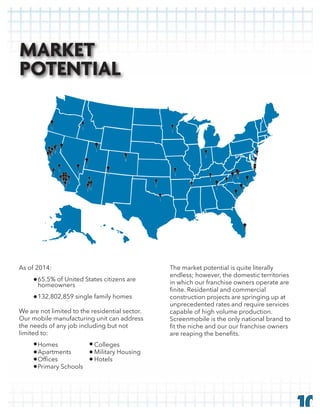 The market potential is quite literally
endless; however, the domestic territories
in which our franchise owners operate are
construction projects are springing up at
unprecedented rates and require services
capable of high volume production.
Screenmobile is the only national brand to
As of 2014:
homeowners
132,802,859 single family homes
We are not limited to the residential sector.
Our mobile manufacturing unit can address
the needs of any job including but not
limited to:
Homes Colleges
Apartments Military Housing
Primary Schools
10
MARKET
POTENTIAL
MARKET
POTENTIAL
 