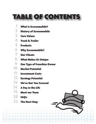What is Screenmobile?
History of Screenmobile
Core Values
Truck & Trailer
Products
Why Screenmobile?
Our Clients
What Makes Us Unique
Our Type of Franchise Owner
Market Potential
Investment Costs
Earnings Potential
We’ve Got You Covered
A Day in the Life
Meet our Team
FAQ’s
The Next Step
2
1
3
4
5
6
7
8
9
10
11
12
13
14
15
20
22
TABLE OF CONTENTS
 