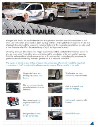 It began with an old refurnished tent trailer that gave our founders the ability to screen in real
effectively transformed the screening industry. By having the means to manufacture on-site, small
errors that normally affect the expediency of a job are bypassed entirely.
take on more jobs. The mobile screening trailer is the foundation of Screenmobile’s success.
Both the trailer and the vehicle are wrapped in Screenmobile’s coveted regalia, acting as the
greatest form of advertising and lead generation. It is a mobile billboard!
4
TRUCK & TRAILER
Organized tools and
small parts in two tool
boxes.
Single Axle for easy
movability in small areas.
Built in screen frame
rack for storage.
Spline rack conveniently
located
Mobile Billboard
Our screening material
proudly housed in front
of trailer.
We can set up shop
anywhere and have
power.
Designed to
single car garage.
 