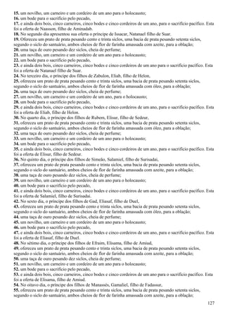 15. um novilho, um carneiro e um cordeiro de um ano para o holocausto;
16. um bode para o sacrifício pelo pecado,
17. e ainda dois bois, cinco carneiros, cinco bodes e cinco cordeiros de um ano, para o sacrifício pacífico. Esta
foi a oferta de Naasson, filho de Aminadab.
18. No segundo dia apresentou sua oferta o príncipe de Issacar, Natanael filho de Suar.
19. Ofereceu um prato de prata pesando cento e trinta siclos, uma bacia de prata pesando setenta siclos,
segundo o siclo do santuário, ambos cheios de flor de farinha amassada com azeite, para a oblação;
20. uma taça de ouro pesando dez siclos, cheia de perfume;
21. um novilho, um carneiro e um cordeiro de um ano para o holocausto;
22. um bode para o sacrifício pelo pecado,
23. e ainda dois bois, cinco carneiros, cinco bodes e cinco cordeiros de um ano para o sacrifício pacífico. Esta
foi a oferta de Natanael filho de Suar.
24. No terceiro dia, o príncipe dos filhos de Zabulon, Eliab, filho de Helon,
25. ofereceu um prato de prata pesando cento e trinta siclos, uma bacia de prata pesando setenta siclos,
segundo o siclo do santuário, ambos cheios de flor de farinha amassada com óleo, para a oblação;
26. uma taça de ouro pesando dez siclos, cheia de perfume;
27. um novilho, um carneiro e um cordeiro de um ano, para o holocausto;
28. um bode para o sacrifício pelo pecado,
29. e ainda dois bois, cinco carneiros, cinco bodes e cinco cordeiros de um ano, para o sacrifício pacífico. Esta
foi a oferta de Eliab, filho de Helon.
30. No quarto dia, o príncipe dos filhos de Rubem, Elisur, filho de Sedeur,
31. ofereceu um prato de prata pesando cento e trinta siclos, uma bacia de prata pesando setenta siclos,
segundo o siclo do santuário, ambos cheios de flor de farinha amassada com óleo, para a oblação;
32. uma taça de ouro pesando dez siclos, cheia de perfume;
33. um novilho, um carneiro e um cordeiro de um ano para o holocausto;
34. um bode para o sacrifício pelo pecado,
35. e ainda dois bois, cinco carneiros, cinco bodes e cinco cordeiros de um ano, para o sacrifício pacífico. Esta
foi a oferta de Elisur, filho de Sedeur.
36. No quinto dia, o príncipe dos filhos de Simeão, Salamiel, filho de Surisadai,
37. ofereceu um prato de prata pesando cento e trinta siclos, uma bacia de prata pesando setenta siclos,
segundo o siclo do santuário, ambos cheios de flor de farinha amassada com azeite, para a oblação;
38. uma taça de ouro pesando dez siclos, cheia de perfume;
39. um novilho, um carneiro e um cordeiro de um ano para o holocausto;
40. um bode para o sacrifício pelo pecado,
41. e ainda dois bois, cinco carneiros, cinco bodes e cinco cordeiros de um ano, para o sacrifício pacífico. Esta
foi a oferta de Salamiel, filho de Surisadai.
42. No sexto dia, o príncipe dos filhos de Gad, Eliasaf, filho de Duel,
43. ofereceu um prato de prata pesando cento e trinta siclos, uma bacia de prata pesando setenta siclos,
segundo o siclo do santuário, ambos cheios de flor de farinha amassada com óleo, para a oblação;
44. uma taça de ouro pesando dez siclos, cheia de perfume;
45. um novilho, um carneiro e um cordeiro de um ano para o holocausto;
46. um bode para o sacrifício pelo pecado,
47. e ainda dois bois, cinco carneiros, cinco bodes e cinco cordeiros de um ano, para o sacrifício pacífico. Esta
foi a oferta de Eliasaf, filho de Duel.
48. No sétimo dia, o príncipe dos filhos de Efraim, Elisama, filho de Amiud,
49. ofereceu um prato de prata pesando cento e trinta siclos, uma bacia de prata pesando setenta siclos,
segundo o siclo do santuário, ambos cheios de flor de farinha amassada com azeite, para a oblação;
50. uma taça de ouro pesando dez siclos, cheia de perfume;
51. um novilho, um carneiro e um cordeiro de um ano para o holocausto;
52. um bode para o sacrifício pelo pecado,
53. e ainda dois bois, cinco carneiros, cinco bodes e cinco cordeiros de um ano para o sacrifício pacífico. Esta
foi a oferta de Elisama, filho de Amiud.
54. No oitavo dia, o príncipe dos filhos de Manassés, Gamaliel, filho de Fadassur,
55. ofereceu um prato de prata pesando cento e trinta siclos, uma bacia de prata pesando setenta siclos,
segundo o siclo do santuário, ambos cheios de flor de farinha amassada com azeite, para a oblação;
127
 