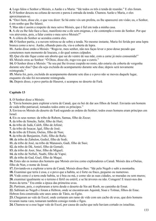 4. Logo falou o Senhor a Moisés, a Aarão e a Maria: “Ide todos os três à tenda de reunião.” E eles foram.
5. O Senhor desceu na coluna de nuvem e parou à entrada da tenda. Chamou Aarão e Maria, e eles
aproximaram-se.
6. “Ouvi bem, disse ele, o que vou dizer: Se há entre vós um profeta, eu lhe aparecerei em visão; eu, o Senhor,
é em sonho que lhe falarei.
7. Mas não é assim a respeito de meu servo Moisés, que é fiel em toda a minha casa.
8. A ele eu lhe falo face a face, manifesto-me a ele sem enigmas, e ele contempla o rosto do Senhor. Por que
vos atrevestes, pois, a falar contra o meu servo Moisés?”
9. A cólera do Senhor se acendeu contra eles.
10. O Senhor partiu, e a nuvem retirou-se de sobre a tenda. No mesmo instante, Maria foi ferida por uma lepra
branca como a neve. Aarão, olhando para ela, viu-a coberta de lepra.
11. Aarão disse então a Moisés: “Rogo-te, meu senhor, não nos faças levar o peso desse pecado que
cometemos num momento de loucura, e do qual somos culpados.
12. Que ela não fique como um aborto que sai do ventre de sua mãe, com a carne já meio consumida!”
13. Moisés orou ao Senhor: “Ó Deus, disse ele, rogo-vos que a cureis.”
14. O Senhor disse a Moisés: “Se seu pai lhe tivesse cuspido no rosto, não estaria ela coberta de vergonha
durante sete dias? Que ela seja excluída do acampamento durante sete dias; depois será novamente
reintegrada.”
15. Maria foi, pois, excluída do acampamento durante sete dias e o povo não se moveu daquele lugar,
enquanto ela não foi novamente reintegrada.
16. Depois disso, o povo partiu de Haserot, e acampou no deserto de Farã.
Capítulo 13
1. O Senhor disse a Moisés:
2. “Envia homens para explorar a terra de Canaã, que eu hei de dar aos filhos de Israel. Enviarás um homem
de cada tribo patriarcal, tomados todos entre os príncipes.”
3. Enviou-os Moisés do deserto de Farã segundo as ordens do Senhor; todos esses homens eram príncipes em
Israel.
4. Eis os seus nomes: da tribo de Rubem, Samua, filho de Zecur;
5. da tribo de Simeão, Safat, filho de Huri;
6. da tribo de Judá, Caleb, filho de Jefoné;
7. da tribo de Issacar, Igal, filho de José;
8. da tribo de Efraim, Oséias, filho de Nun;
9. da tribo de Benjamim, Falti, filho de Rafu;
10. da tribo de Zabulon, Gediel, filho de Sodi;
11. da tribo de José, na tribo de Manassés, Gadi, filho de Susi;
12. da tribo de Dã, Amiel, filho de Gemali;
13. da tribo de Aser, Stur, filho de Miguel;
14. da tribo de Neftali, Naabi, filho de Vapsi;
15. da tribo de Gad, Guel, filho de Maqui.
16. Estes são os nomes dos homens que Moisés enviou como exploradores a Canaã. Moisés deu a Oséias,
filho de Nun, o nome de Josué.
17. Enviando-os a explorar a terra de Canaã, Moisés disse-lhes: “Ide pelo Negeb e subi a montanha.
18. Examinai que terra é essa, e o povo que a habita, se é forte ou fraco, pequeno ou numeroso.
19. Vede como é a terra onde habita, se é boa ou má, e como são as suas cidades, se muradas ou sem muros;
20. examinai igualmente se o terreno é fértil ou estéril, e se há árvores ou não. Coragem! E trazei-nos dos
frutos da terra.” Era então a época das primeiras uvas.
21. Partiram, pois, e exploraram a terra desde o deserto de Sin até Roob, no caminho de Emat.
22. Subiram ao Negeb e foram a Hebron, onde se encontravam Aquimã, Sisai e Tolmai, filhos de Enac.
Hebron fora construída sete anos antes de Tânis, no Egito.
23. Chegaram ao vale de Escol, onde cortaram um ramo de vide com um cacho de uvas, que dois homens
levaram numa vara; tomaram também consigo romãs e figos.
24. Chamou-se a esse lugar vale de Escol, por causa do cacho que nele haviam cortado os israelitas.
133
 
