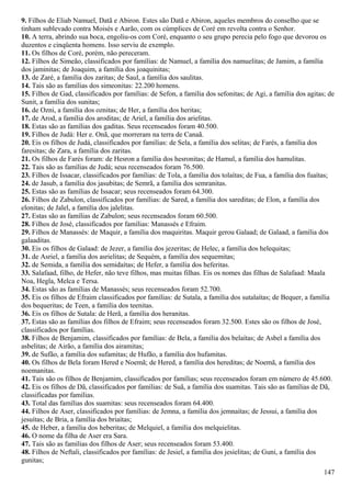 9. Filhos de Eliab Namuel, Datã e Abiron. Estes são Datã e Abiron, aqueles membros do conselho que se
tinham sublevado contra Moisés e Aarão, com os cúmplices de Coré em revolta contra o Senhor.
10. A terra, abrindo sua boca, engoliu-os com Coré, enquanto o seu grupo perecia pelo fogo que devorou os
duzentos e cinqüenta homens. Isso serviu de exemplo.
11. Os filhos de Coré, porém, não pereceram.
12. Filhos de Simeão, classificados por famílias: de Namuel, a família dos namuelitas; de Jamim, a família
dos jaminitas; de Joaquim, a família dos joaquinitas;
13. de Zaré, a família dos zaritas; de Saul, a família dos saulitas.
14. Tais são as famílias dos simeonitas: 22.200 homens.
15. Filhos de Gad, classificados por famílias: de Sefon, a família dos sefonitas; de Agi, a família dos agitas; de
Sunit, a família dos sunitas;
16. de Ozni, a família dos oznitas; de Her, a família dos heritas;
17. de Arod, a família dos aroditas; de Ariel, a família dos arielitas.
18. Estas são as famílias dos gaditas. Seus recenseados foram 40.500.
19. Filhos de Judá: Her e. Onã, que morreram na terra de Canaã.
20. Eis os filhos de Judá, classificados por famílias: de Sela, a família dos selitas; de Farés, a família dos
faresitas; de Zara, a família dos zaritas.
21. Os filhos de Farés foram: de Hesron a família dos hesronitas; de Hamul, a família dos hamulitas.
22. Tais são as famílias de Judá; seus recenseados foram 76.500.
23. Filhos de Issacar, classificados por famílias: de Tola, a família dos tolaítas; de Fua, a família dos fuaítas;
24. de Jasub, a família dos jasubitas; de Semrã, a família dos semranitas.
25. Estas são as famílias de Issacar; seus recenseados foram 64.300.
26. Filhos de Zabulon, classificados por famílias: de Sared, a família dos sareditas; de Elon, a família dos
elonitas; de Jalel, a família dos jalelitas.
27. Estas são as famílias de Zabulon; seus recenseados foram 60.500.
28. Filhos de José, classificados por famílias: Manassés e Efraim.
29. Filhos de Manassés: de Maquir, a família dos maquiritas. Maquir gerou Galaad; de Galaad, a família dos
galaaditas.
30. Eis os filhos de Galaad: de Jezer, a família dos jezeritas; de Helec, a família dos helequitas;
31. de Asriel, a família dos asrielitas; de Sequém, a família dos sequemitas;
32. de Semida, a família dos semidaítas; de Hefer, a família dos heferitas.
33. Salafaad, filho, de Hefer, não teve filhos, mas muitas filhas. Eis os nomes das filhas de Salafaad: Maala
Noa, Hegla, Melca e Tersa.
34. Estas são as famílias de Manassés; seus recenseados foram 52.700.
35. Eis os filhos de Efraim classificados por famílias: de Sutala, a família dos sutalaítas; de Bequer, a família
dos bequeritas; de Teen, a família dos teenitas.
36. Eis os filhos de Sutala: de Herã, a família dos heranitas.
37. Estas são as famílias dos filhos de Efraim; seus recenseados foram 32.500. Estes são os filhos de José,
classificados por famílias.
38. Filhos de Benjamim, classificados por famílias: de Bela, a família dos belaítas; de Asbel a família dos
asbelitas; de Airão, a família dos airamitas;
39. de Sufão, a família dos sufamitas; de Hufão, a família dos hufamitas.
40. Os filhos de Bela foram Hered e Noemã; de Hered, a família dos hereditas; de Noemã, a família dos
noemanitas.
41. Tais são os filhos de Benjamim, classificados por famílias; seus recenseados foram em número de 45.600.
42. Eis os filhos de Dã, classificados por famílias: de Suã, a família dos suamitas. Tais são as famílias de Dã,
classificadas por famílias.
43. Total das famílias dos suamitas: seus recenseados foram 64.400.
44. Filhos de Aser, classificados por famílias: de Jemna, a família dos jemnaítas; de Jessui, a família dos
jesuítas; de Bria, a família dos briaítas;
45. de Heber, a família dos heberitas; de Melquiel, a família dos melquielitas.
46. O nome da filha de Aser era Sara.
47. Tais são as famílias dos filhos de Aser; seus recenseados foram 53.400.
48. Filhos de Neftali, classificados por famílias: de Jesiel, a família dos jesielitas; de Guni, a família dos
gunitas;
147
 
