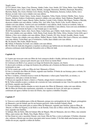 Negeb, eram:
22-32 Cabseel, Eder, Jagur, Cina, Dimona, Adada, Cades, Asor, Jetnão, Zif, Telem, Balot, Asor; Hadata,
Cariot-Hesron, que é Asor; Amão, Sarna, Molada, Asergada, Hassemon, Betfelet, Hasersual, Bersabéia,
Baziotia, Baala, Jim, Esem, Eltolad, Cesil, Harma, Siceleg, Medemena, Sensena, Lebaot, Selim, Aen e
Remon; ao todo vinte e nove cidades com suas aldeias.
33-47 Na planície: Estaol, Sarea, Asena, Zanoé, Aenganim, Tafua, Enaim, Jerimot, Odolão, Soco, Azeca,
Saraim, Aditaim, Gedera e Gederotaim; quatorze cidades com suas aldeias. Sanã, Hadassa, Magdal-Gad,
Deleã, Masefa, Jectel, Laquis, Bascat, Eglon, Quebon, Leemã, Cetlis, Giderot, Bet-Dagon, Naama e Maceda;
dezesseis cidades com suas aldeias. Labana, Eter, Asã, Jefta, Esna, Nesib, Ceila, Aczib e Maresa; nove
cidades com suas aldeias. Acaron com seus arrabaldes e suas aldeias, desde Acaron ao ocidente, todas as
cidades vizinhas de Azot e suas aldeias, Azot com seus arrabaldes e suas aldeias, Gaza com seus arrabaldes e
suas aldeias até a torrente do Egito e o mar Grande que é o seu limite.
48-60 Na montanha: Samir, Jeter, Socot, Dana, Cariat-Sena, que é Dabir; Anab, Istemo, Anim, Gosen, Olon e
Giló; onze cidades com suas aldeias. Arab, Duma, Esaã, Janum, Bet-Tafua, Afeca, Atmata, Cariat-Arbé, que é
Hebron; e Sior; nove cidades com suas aldeias. Maon, Carmelo, Zif, Jota, Jezrael, Jucadão, Zanoé, Acain,
Gabaa e Tamna; dez cidades com suas aldeias. Halhul, Bessur, Gedor, Maret, Bet-Anot e Eltecon; seis cidades
com suas aldeias. Cariat-Baal, que é Cariatiarim e Areba; duas cidades com suas aldeias.
61. No deserto: Bet-Araba, Medin Sacaca,
62. Nebsã, Ir-Hamelac En-Gadi; seis cidades com suas aldeias.
63. Os filhos de Judá não chegaram a expulsar os jebuseus que habitavam em Jerusalém, de sorte que os
jebuseus continuam ainda habitando Jerusalém com os filhos de Judá.
Capítulo 16
1. A parte que tocou por sorte aos filhos de José começava desde o Jordão, defronte de Jericó (as águas de
Jericó), ao oriente, e passava pelo deserto que vai de Jericó ao monte Betel.
2. Continuava de Betel a Luz, passava ao longo da fronteira dos arqueus, em Atarot,
3. descia pelo ocidente, ao longo da fronteira dos jefletitas até a fronteira de Betoron inferior, e até Gazer,
terminando no mar.
4. Tal foi a parte que coube aos filhos de José: Manassés e Efraim.
5. Este é o território dos filhos de Efraim, segundo suas famílias. O limite de sua herança, para o oriente, foi
Atarot-Adar até Betoron superior.
6. Para o ocidente, a fronteira tocava o norte de Macmetat e voltava para Tamat-Selo, ao oriente, e a
ultrapassava, indo para o oriente de Janoé.
7. Descia em seguida de Janoé a Atarot e a Naarata, atingia Jericó e terminava no Jordão.
8. De Tafua estendia-se para o ocidente até a torrente de Caná, terminando no mar. Esta foi a parte dos filhos
de Efraim, segundo suas famílias.
9. Tiveram também cidades situadas no meio da parte dos filhos de Manassés, todas com suas aldeias.
10. Os filhos de Efraim não expulsaram, entretanto, os cananeus de Gazer, de sorte que os cananeus
continuam até agora a habitar no meio de Efraim, mas sujeitos a trabalhos forçados.
Capítulo 17
1. Tirou-se a sorte também para a tribo de Manassés, porque era o primogênito de José. Maquir, primogênito
de Manassés e pai de Galaad, que foi um homem guerreiro. tinha recebido Galaad e Basã.
2. Houve também uma parte para os outros filhos de Manassés, segundo suas famílias: para os filhos de
Abiezer, os filhos de Sequem, os de Hefer e os de Semida. Estes são os filhos varões de Manassés, filho de
José, segundo suas famílias.
3. Salfaad, filho de Hefer, filho de Galaad, filho de Maquir, filho de Manassés, não teve filhos, mas somente
filhas, cujos nomes são: Maala, Noa, Hegla, Melca e Tersa.
4. Elas foram ter com o sacerdote Eleazar, com Josué, filho de Nun, e com os príncipes: O Senhor, disseram
elas, ordenou a Moisés que nos desse uma parte entre nossos irmãos. E foi-lhes dada uma herança entre os
irmãos de seu pai, segundo a ordem do Senhor.
205
 