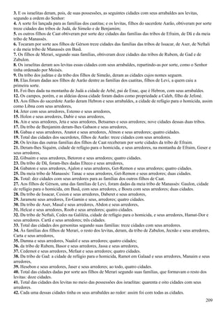 3. E os israelitas deram, pois, de suas possessões, as seguintes cidades com seus arrabaldes aos levitas,
segundo a ordem do Senhor:
4. A sorte foi lançada para as famílias dos caatitas; e os levitas, filhos do sacerdote Aarão, obtiveram por sorte
treze cidades das tribos de Judá, de Simeão e de Benjamim;
5. os outros filhos de Caat obtiveram por sorte dez cidades das famílias das tribos de Efraim, de Dã e da meia
tribo de Manassés.
6. Tocaram por sorte aos filhos de Gérson treze cidades das famílias das tribos de Issacar, de Aser, de Neftali
e da meia tribo de Manassés em Basã.
7. Os filhos de Merari, segundo suas famílias, obtiveram doze cidades das tribos de Rubem, de Gad e de
Zabulon.
8. Os israelitas deram aos levitas essas cidades com seus arrabaldes, repartindo-as por sorte, como o Senhor
tinha ordenado por Moisés.
9. Da tribo dos juditas e da tribo dos filhos de Simeão, deram as cidades cujos nomes seguem.
10. Elas.foram dadas aos filhos de Aarão dentre as famílias dos caatitas, filhos de Levi, a quem caiu a
primeira sorte.
11. Foi-lhes dada na montanha de Judá a cidade de Arbé, pai de Enac, que é Hebron, com seus arrabaldes.
12. Os campos, porém, e as aldeias dessa cidade foram dados como propriedade a Caleb, filho de Jefoné.
13. Aos filhos do sacerdote Aarão deram Hebron e seus arrabaldes, a cidade de refúgio para o homicida, assim
como Libna com seus arredores,
14. Jeter com seus arredores, Estemo e seus arredores,
15. Holon e seus arredores, Dabir e seus arredores,
16. Ain e seus arredores, Jeta e seus arredores, Betsames e seus arredores; nove cidades dessas duas tribos.
17. Da tribo de Benjamim deram-lhes Gabaon e seus arredores,
18. Gabaa e seus arredores, Anatot e seus arredores, Almon e seus arredores; quatro cidades.
19. Total das cidades dos sacerdotes, filhos de Aarão: treze cidades com seus arredores.
20. Os levitas das outras famílias dos filhos de Caat receberam por sorte cidades da tribo de Efraim.
21. Deram-lhes Siquém, cidade de refúgio para o homicida, e seus arredores, na montanha de Efraim, Geser e
seus arredores,
22. Gibsaim e seus arredores, Betoron e seus arredores; quatro cidades.
23. Da tribo de Dã, foram-lhes dadas Elteco e seus arredores,
24. Gabaton e seus arredores, Ajalon e seus arredores, Get-Remon e seus arredores; quatro cidades.
25. Da meia tribo de Manassés: Tanac e seus arredores, Get-Remon e seus arredores; duas cidades.
26. Total: dez cidades com seus arredores para as famílias dos outros filhos de Caat.
27. Aos filhos de Gérson, uma das famílias de Levi, foram dadas da meia tribo de Manassés: Gaulon, cidade
de refúgio para o homicida, em Basã, com seus arredores, e Bosra com seus arredores; duas cidades.
28. Da tribo de Issacar, Cesion e seus arredores, Daberet e seus arredores,
29. Jaramote seus arredores, En-Gamin e seus, arredores; quatro cidades.
30. Da tribo de Aser, Masal e seus arredores, Abdon e seus arredores,
31. Helcat e seus arredores, Roob e seus arredores; quatro cidades.
32. Da tribo de Neftali, Cedes na Galiléia, cidade de refúgio para o homicida, e seus arredores, Hamat-Dor e
seus arredores. Cartã e seus arredores; três cidades.
33. Total das cidades dos gersonitas segundo suas famílias: treze cidades com seus arredores.
34. Às famílias dos filhos de Merari, o resto dos levitas, deram, da tribo de Zabulon, Jecnão e seus arredores,
Carta e seus arredores,
35. Damna e seus arredores, Naalol e seus arredores; quatro cidades;
36. da tribo de Rubem, Basor e seus arredores, Jassa e seus arredores,
37. Cedemot e seus arredores, Mefaat e seus arredores; quatro cidades.
38. Da tribo de Gad: a cidade de refúgio para o homicida, Ramot em Galaad e seus arredores, Manaim e seus
arredores,
39. Hesebon e seus arredores, Jaser e seus arredores; ao todo, quatro cidades.
40. Total das cidades dadas por sorte aos filhos de Merari segundo suas famílias, que formavam o resto dos
levitas: doze cidades.
41. Total das cidades dos levitas no meio das possessões dos israelitas: quarenta e oito cidades com seus
arredores.
42. Cada uma dessas cidades tinha os seus arrabaldes ao redor: assim foi com todas as cidades.
209
 