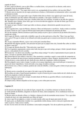 espada do faraó.”
5. Jetro, sogro de Moisés, com os dois filhos e a mulher deste, veio procurá-lo no deserto, onde estava
acampado, perto da montanha de Deus.
6. E mandou-lhe dizer: “Teu sogro Jetro vem te ver, acompanhado de tua mulher e de teus dois filhos”.
7. Moisés saiu ao encontro de seu sogro, prostrou-se e beijou-o. Informaram-se mutuamente sobre a sua saúde
e entraram na tenda.
8. Moisés contou ao seu sogro tudo o que o Senhor tinha feito ao faraó e aos egípcios por causa de Israel,
todas as tribulações que lhes tinham sobrevindo no caminho, e das quais o Senhor os livrara.
9. Jetro alegrou-se com todo o bem que o Senhor tinha feito aos israelitas, livrando-os da mão dos egípcios.
10. “Bendito seja o Senhor, disse Jetro, que vos livrou da mão dos egípcios e da mão do faraó; que livrou o
povo da mão dos egípcios!
11. Agora sei que o Senhor é maior que todos os deuses, porque o demonstrou quando (seu povo) era
tiranizado”.
12. Em seguida Jetro, sogro de Moisés, ofereceu a Deus um holocausto e sacrifícios. Aarão e todos os anciãos
de Israel vieram ter com o sogro de Moisés para tomar parte no banquete em presença de Deus.
13. No dia seguinte, Moisés assentou-se para fazer justiça ao povo, que se conservou de pé diante dele desde a
manhã até a tarde.
14. O sogro de Moisés, vendo todo o trabalho a que ele se dava pelo povo, disse-lhe: “Que é isso que fazes
com o povo? Por que te sentas só no tribunal com toda essa gente que se conserva em torno de ti da manhã à
tarde?”
15. “É que, respondeu Moisés, o povo vem a mim para consultar Deus.
16. Quando têm alguma questão, vêm procurar-me para que eu julgue entre eles, fazendo-lhes saber as ordens
de Deus e suas leis”.
17. O sogro de Moisés disse-lhe: “Não está certo o que fazes!
18. Tu te esgotarás seguramente, assim como todo esse povo que está contigo, porque o fardo é pesado demais
para ti, e não poderás levá-lo sozinho.
19. Escuta-me: vou dar-te um conselho, e que Deus esteja contigo! Tu serás o representante do povo junto de
Deus, e levarás as questões diante de Deus:
20. ensinar-lhes-ás suas ordens e suas leis, e lhes mostrarás o caminho a seguir e como terão de comportar-se.
21. Mas escolherás do meio do povo homens prudentes, tementes a Deus, íntegros, desinteressados, e os porás
à frente do povo, como chefes de mil, chefes de cem, chefes de cinqüenta e chefes de dezenas.
22. Eles julgarão o povo todo o tempo. Levarão a ti as causas importantes, mas resolverão por si mesmos as
causas de menor importância. Assim aliviarão a tua carga, levando-a consigo.
23. Se fizeres isso, e Deus o ordenar, poderás dar conta do trabalho, e toda esta gente voltará em paz para suas
habitações.
2
4. Moisés ouviu o conselho de seu sogro e fez tudo o que ele lhe tinha dito.
25. Escolheu em todo o Israel homens prudentes e os pôs à frente do povo como chefes de mil, chefes de cem,
chefes de cinqüenta e chefes de dezenas.
26. Eles julgavam o povo todo o tempo, levando diante de Moisés as questões difíceis e resolvendo por si
mesmos os litígios menores.
27. Depois disso, Moisés despediu-se de seu sogro, e este voltou para sua terra.
Capítulo 19
1. No terceiro mês depois de sua saída do Egito, naquele dia, os israelitas entraram no deserto do Sinai.
2. Tendo partido de Rafidim, chegaram ao deserto do Sinai, onde acamparam. Ali se estabeleceu Israel em
frente ao monte.
3. Moisés subiu em direção a Deus, e o Senhor o chamou do alto da montanha nestes termos: “Eis o que dirás
à família de Jacó, eis o que anunciarás aos filhos de Israel:
4. vistes o que fiz aos egípcios, e como vos tenho trazido sobre asas de águia para junto de mim.
5. Agora, pois, se obedecerdes à minha voz, e guardardes minha aliança, sereis o meu povo particular entre
todos os povos. Toda a terra é minha,
6. mas vós me sereis um reino de sacerdotes e uma nação consagrada. Tais são as palavras que dirás aos
67
 