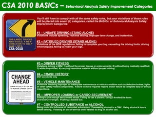5
You’ll still have to comply with all the same safety rules, but your violations of those rules
will be placed into seven (7) categories, called the BASICs, or Behavioral Analysis Safety
Improvement Categories:
#1 – UNSAFE DRIVING (STAND ALONE)
Violations include speeding, reckless driving, improper lane change, and inattention.
#2 – FATIGUED DRIVING (STAND ALONE)
Violations of the HOS regulations, failing to complete your log, exceeding the driving limits, driving
while fatigued, failing to retain your logs.
#3 – DRIVER FITNESS
Violations driving a CMV: 1) without the proper license or endorsements; 2) without being medically qualified;
3) while disqualified; 4) carrying hazardous material without proper training.
#4 – CRASH HISTORY
DOT accidents only
#5 – VEHICLE MAINTENANCE
Violations involving improper or inadequate maintenance or vehicle condition such as defective brakes, lights
or other safety-related components. Failure to make required repairs and/or failure to complete daily or annual
inspections.
#6 – IMPROPER LOADING or CARGO SECUREMENT
Failing to use enough securement straps. Failing to use a placard. Using a knotted tie down.
Oversize/Overweight. Pushing a loaded bus.
#7 – CONTROLLED SUBSTANCE or ALCOHOL
Being under the influence of controlled substances. Possessing alcohol in a CMV. Using alcohol 4 hours
before driving. Violating an out-of-service order related to drug or alcohol use.
CSA 2010 BASICs – Behavioral Analysis Safety Improvement Categories
 