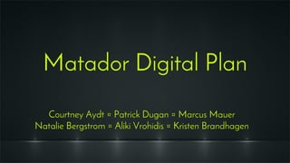 Matador Digital Plan
Courtney Aydt ⌑ Patrick Dugan ⌑ Marcus Mauer
Natalie Bergstrom ⌑ Aliki Vrohidis ⌑ Kristen Brandhagen
 