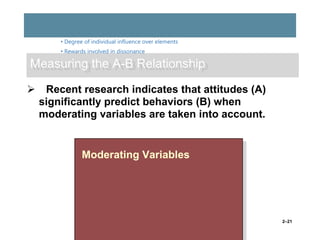 • Degree of individual influence over elements
• Rewards involved in dissonance

Measuring the A-B Relationship
Recent research indicates that attitudes (A)
significantly predict behaviors (B) when
moderating variables are taken into account.

Moderating Variables

2–21

 