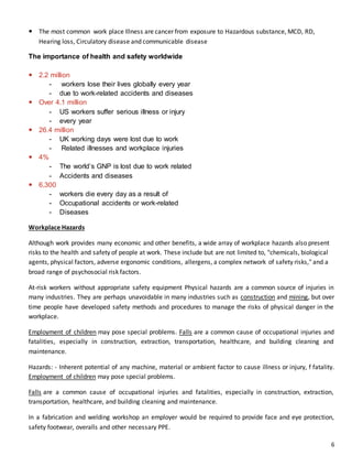 6
 The most common work place Illness are cancer from exposure to Hazardous substance, MCD, RD,
Hearing loss, Circulatory disease and communicable disease
The importance of health and safety worldwide
 2.2 million
- workers lose their lives globally every year
- due to work-related accidents and diseases
 Over 4.1 million
- US workers suffer serious illness or injury
- every year
 26.4 million
- UK working days were lost due to work
- Related illnesses and workplace injuries
 4%
- The world’s GNP is lost due to work related
- Accidents and diseases
 6,300
- workers die every day as a result of
- Occupational accidents or work-related
- Diseases
Workplace Hazards
Although work provides many economic and other benefits, a wide array of workplace hazards also present
risks to the health and safety of people at work. These include but are not limited to, "chemicals, biological
agents, physical factors, adverse ergonomic conditions, allergens, a complex network of safety risks," and a
broad range of psychosocial risk factors.
At-risk workers without appropriate safety equipment Physical hazards are a common source of injuries in
many industries. They are perhaps unavoidable in many industries such as construction and mining, but over
time people have developed safety methods and procedures to manage the risks of physical danger in the
workplace.
Employment of children may pose special problems. Falls are a common cause of occupational injuries and
fatalities, especially in construction, extraction, transportation, healthcare, and building cleaning and
maintenance.
Hazards: - Inherent potential of any machine, material or ambient factor to cause illness or injury, f fatality.
Employment of children may pose special problems.
Falls are a common cause of occupational injuries and fatalities, especially in construction, extraction,
transportation, healthcare, and building cleaning and maintenance.
In a fabrication and welding workshop an employer would be required to provide face and eye protection,
safety footwear, overalls and other necessary PPE.
 