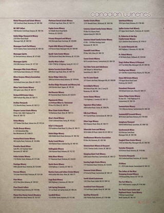 49
Nichol Vineyard and Estate Winery
1285 Smethurst Road, Naramata, BC V0H 1N0
Nk’MIP Cellars
1400 Rancher Creek Road, Osoyoos, BC V0H 1V6
Noble Ridge Vineyard  Winery
2320 Oliver Ranch Road
Okanagan Falls, BC V0H 1R2
Okanagan Crush Pad Winery
16576 Fosberry Road, Summerland, BC V0H 1Z6
Okanagan Spirits
267 Bernard Avenue, Kelowna, BC V1Y 6N2
Okanagan Spirits
2920 28th Avenue,Vernon, BC V1T 1V9
Okanagan Villa Estate Winery
3240 Pooley Road, Kelowna, BC V1W 4A5
Oliver Osoyoos Winery Association
(OOWA)
356 Orchard Grove Lane, Oliver, BC V0H 1T1
Oliver Twist Estate Winery
398 Lupine Lane, Oliver, BC V0H 1T1
Orchard Hill Estate Cidery
3480 FruitvaleWay, Oliver, BC V0H 1T1
Orofino Vineyards
2152 Barcello Road, Cawston, BC V0X 1C2
Osoyoos Larose Estate Winery
PO Box 1650, 38691 Highway 97 N
Oliver, BC V0H 1T0
Ovino Winery
1577Yankee Flats Road, Salmon Arm, BC V1E 3J4
Pacific Breeze Winery
6 - 320 StewardsonWay
NewWestminster, BC V3M 6C3
Painted Rock Estate Winery
400 Smythe Road, Penticton, BC V2A 8W6
Paradise Ranch Wines
Suite 901, 525 Seymour Street
Vancouver, BC V6B 3H7
Peller Estates Winery
1125 Richter Street, Kelowna, BC V1Y 2K6
Pentâge Winery
4400 Lakeside Road, Penticton, BC V2A 8W3
Perseus Winery
134 Lower Bench Road, Penticton, BC V2A 1A8
Pine Wines
24732Vine Drive, Kelowna, BC V2R 5G7
Pinot Reach Cellars
1670 Dehart Road, Kelowna, BC V1W 4N6
Planet Bee Honey Farm  Meadery
5011 BellaVista Road,Vernon, BC V1H 1A1
Platinum Bench Estate Winery
4120 Black Sage Road, Oliver, BC V0H 1T1
Poplar Grove Winery
425 Middle Bench Road North
Penticton, BC V2A 8S5
Privato Vineyard and Winery
5505Westsyde Road, Kamloops, BC V2B 8N5
Prpich Hills Winery  Vineyard
378 Parsons Road, Okanagan Falls, BC V0H1R0
Quails’Gate Estate Winery
3303 Boucherie Road,West Kelowna, BC V1Z 2H3
Quality Wine Cellars
#108-17780 No 10 Highway, Surrey, BC V3S 1C7
Quinta Ferreira Estate Winery
6094 Black Sage Road, Oliver, BC V0H 1T0
Raven Ridge Cidery Inc.
2898 East Kelowna Road, Kelowna, BC V1W 4H4
Recline Ridge Vineyards and Winery Ltd.
2640 Skimikin Road,Tappen, BC V0E 2X3
Red Rooster Winery
891 Naramata Road, Penticton, BC V2A 8T5
Rigamarole Wines
c/o Artisan Wine Co. Vancouver
PO Box 474, Oliver, BC V0H 1T0
River Stone Estate Winery
143 Buchanan Road, Oliver, BC V0H 1T2
River’s Bend Winery
15560 Colebrook Road, Surrey, BC V3S 0L2
Road 13 Vineyards
799 Ponderosa Road (Road 13), Oliver, BC V0H 1T1
Robin Ridge Winery
2686 Middle Bench Road, Keremeos, BC V0X 1N2
Rocky Creek Winery
1854 Myhrest Road, Cowichan Bay, BC V0R 1N1
Rollingdale Winery
2306 Hayman Road, Kelowna, BC V1Z 1Z5
Ruby Blues Winery
917 Naramata Road, Penticton, BC V2A 8V1
Rustic Roots Winery
2238 Highway 3, Cawston, BC V0X 1C2
Rustico Farm and Cellars Estate Winery
4444 Golden Mile Drive, Oliver, BC V0H 1T1
Sage Bush Winery
3045 Highway 3, Keremeos, BC V0X 1N1
Salt Spring Vineyards
151 Lee Road, Salt Spring Island, BC V8K 2A5
Sandhill Wines
1125 Richter Street, Kelowna, BC V1Y 2K6
Sanduz Estate Wines
12791 Blundell Road , Richmond, BC V6W 1B4
Saturna Island Family Estate Winery
PO Box 54, 8 Quarry Road,
Saturna Island, BC V0N 2Y0
Saturna Island Family Estate Winery
#1100 - 1199West Hastings Street
Vancouver, BC V6E 3T5
Sawmill Creek Wines
PO Box 1650, Oliver, BC V0H 1T0
Saxon Estate Winery
9819 Lumsden Avenue, Summerland, BC V0H 1Z8
Sea Cider Farm and Ciderhouse
2487 Mount St. Michael Road
Saanichton, BC V8M 1T7
See Ya Later Ranch
2575 Green Lake Road, Okanagan Falls, BC V0H1R0
Serendipity Winery
990 Debeck Road, RR1, Site 2, Comp 50
Naramata, BC V0H 1N0
Seven Stones Winery
1143 Highway 3, Cawston, BC V0X 1C3
Signature Wine Cellars
2060 Guthrie Road, Comox, BC V9M 3P6
Silk Scarf Winery
4917 Gartrell Road, Summerland, BC V0H 1Z4
Silver Sage Winery
4852 Ryegrass Road, Oliver, BC V0H 1T1
Silverside Farm and Winery
3810 Cobble Hill Road, Cobble Hill, BC V0R 1L5
Similkameen Wineries Association
PO Box 246, Keremeos, BC V0X 1N0
Skimmerhorn Winery  Vineyard
1218 27 Avenue South, Creston, BC V0B 1G1
Sleeping Giant Fruit Winery
6206 CanyonView Road, Summerland, BC V0H 1Z7
Soaring Eagle Estate Winery
1751 Naramata Road, Penticton, BC V2A 8T8
Sonoran Estate Winery
5716 Gartrell Road, Summerland, BC V0H 1Z7
South Island Saskatoons
1245 Fisher Road, Cobble Hill, BC V0R 1L0
SouthEnd Farm Vineyards
319 Sutil Road, Quadra Island, BC V0P 1NO
Sperling Vineyards
1405 Pioneer Road, Kelowna, BC V1W 4M6
Spierhead Winery
3950 Spiers Road, Kelowna, BC V1W 4B3
Spiller Estate Fruit Winery
475 Upper Bench Road N., Penticton, BC V2A 8T4
St. Hubertus  Oak Bay
Family Estate Winery
5225 Lakeshore Road, Kelowna, BC V1W 4J1
St. Laszlo Vineyards Ltd.
2605 Highway 3, Keremeos, BC V0X 1N0
St. Urban Winery
47189 Bailey Road, Chilliwack, BC V2R 4S8
Stag’s Hollow Winery  Vineyard
2237 SunValleyWay, Okanagan Falls, BC V0H 1R2
Starling Lane Winery
5271 OldWest Saanich Road,Victoria, BC V9E 2A9
Stone Hill Estate Winery
170 Upper Bench Road South
Penticton, BC V2A 8T1
Stoneboat Vineyards
356 Orchard Grove Lane, Oliver, BC V0H 1T1
Sumac Ridge Estate Winery
P.O. Box 307, 17403 Highway 97 N
Summerland, BC V0H 1Z0
SummerGate Winery
11612 Morrow Avenue, Summerland, BC V0H 1Z8
Summerhill Pyramid Winery
4870 Chute Lake Road, Kelowna, BC V1W 4M3
Symphony Vineyard
6409 B Oldfield Road, Saanichton, BC V8M 1X8
Synchromesh Wines
4220 McLean Creek Road
Okanagan Falls, BC V0H 1R0
Tangled Vines Estate Winery
2140 SunValleyWay, Okanagan Falls, BC V0H 1R2
Tantalus Vineyards
1670 Dehart Road, Kelowna, BC V1W 4N6
Terravista Vineyards
1853 Sutherland Road, Penticton, BC V2A 8T8
TH Wines
#1-9576CedarAvenue,Summerland,BC V0H1Z2
The Cellars at the Rise/
Stomping Ground Winery
170VineyardWay,Vernon, BC V1H 1Z9
The Fort Wine Co.
26151 84th Avenue, Langley, BC V1M 3M6
The Roost Farm Centre and
Highland House Farm Winery
9100 East Saanich Road
North Saanich, BC V8L 1H5
 