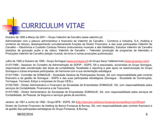08/02/2016 6
CURRICULUM VITAE
Outubro de 1995 a Março de 2001 – Grupo Valentim de Carvalho (www.valentim.pt)
Administrador com o pelouro administrativo e financeiro de Valentim de Carvalho – Comércio e Indústria, S.A. (holding e
comércio de discos), desempenhando cumulativamente funções de Diretor Financeiro, e das suas participadas Valentim de
Carvalho – Electrónica e Custódio Cardoso Pereira (instrumentos musicais e alta fidelidade), Estúdios Valentim de Carvalho
(estúdios de gravação audio e de video), Valentim de Carvalho – Televisão (produção de programas de televisão) e
Produções Valentim de Carvalho (edição musical, de livros e outras produções audiovisuais).
Julho de 1992 a Outubro de 1995 - Grupo Somague (www.somague.pt) do Grupo Sacyr Vallehermoso (www.gruposyv.com)
01/01/1995 - Assessor do Conselho de Administração de SOFIP - SGPS, SA e associadas, accionistas do Grupo Somague,
responsável pela coordenação das áreas de contabilidade, fiscalidade e reporting e pelo apoio na reestruturação do Grupo
Somague e outras empresas participadas, de harmonia com a sua reorientação estratégica.
01/01/1994 - Controller de SOMAGUE - Sociedade Gestora de Participações Sociais, SA com responsabilidade pelo controlo
financeiro e de gestão de Somague - SGPS e das suas participadas estratégicas (Somague - Sociedade de Construções,
Termague, Tecnasol, Ediçor e empresas do Grupo CESL).
01/05/1993 - Diretor Administrativo e Financeiro de Sociedade de Empreitadas SOMAGUE, SA, com responsabilidade pelos
serviços de Contabilidade, Financeiros e de Tesouraria.
01/07/1992 - Diretor Administrativo de Sociedade de Empreitadas SOMAGUE, SA, com responsabilidade pelos serviços de
Contabilidade, de Pessoal, de Seguros e serviços gerais de escritório.
Janeiro de 1991 a Junho de 1992 - Grupo BFB - SGPS, SA (http://bancario.pt/banco-fonsecas-burnay/#ixzz1xyV9Rzob)
Diretor de Controlo Financeiro da Holding do Banco Fonsecas & Burnay, SA, com responsabilidade pelo controlo financeiro e
de gestão das participadas estratégicas do Grupo Fonsecas & Burnay.
 