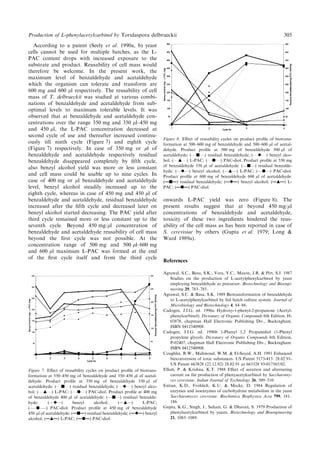 According to a patent (Seely et al. 1990a, b) yeast
cells cannot be used for multiple batches, as the L-
PAC content drops with increased exposure to the
substrate and product. Reusability of cell mass would
therefore be welcome. In the present work, the
maximum level of benzaldehyde and acetaldehyde
which the organism can tolerate and transform are
600 mg and 600 ll respectively. The reusability of cell
mass of T. delbrueckii was studied at various combi-
nations of benzaldehyde and acetaldehyde from sub-
optimal levels to maximum tolerable levels. It was
observed that at benzaldehyde and acetaldehyde con-
centrations over the range 350 mg and 350 ll±450 mg
and 450 ll, the L-PAC concentration decreased at
second cycle of use and thereafter increased continu-
ously till ninth cycle (Figure 7) and eighth cycle
(Figure 7) respectively. In case of 350 mg or ll of
benzaldehyde and acetaldehyde respectively residual
benzaldehyde disappeared completely by ®fth cycle,
also benzyl alcohol yield was more or less constant
and cell mass could be usable up to nine cycles. In
case of 400 mg or ll benzaldehyde and acetaldehyde
level, benzyl alcohol steadily increased up to the
eighth cycle, whereas in case of 450 mg and 450 ll of
benzaldehyde and acetaldehyde, residual benzaldehyde
increased after the ®fth cycle and decreased later on
benzyl alcohol started decreasing. The PAC yield after
third cycle remained more or less constant up to the
seventh cycle. Beyond 450 mg/ll concentration of
benzaldehyde and acetaldehyde reusability of cell mass
beyond the ®rst cycle was not possible. At the
concentration range of 500 mg and 500 ll±600 mg
and 600 ll maximum L-PAC was formed at the end
of the ®rst cycle itself and from the third cycle
onwards L-PAC yield was zero (Figure 8). The
present results suggest that at beyond 450 mg/ll
concentrations of benzaldehyde and acetaldehyde,
toxicity of these two ingredients hindered the reus-
ability of the cell mass as has been reported in case of
S. cerevisiae by others (Gupta et al. 1979; Long &
Ward 1989a).
References
Agrawal, S.C., Basu, S.K., Vora, V.C., Mason, J.R. & Pirt, S.J. 1987
Studies on the production of L-acetylphenylcarbinol by yeast
employing benzaldehyde as precursor. Biotechnology and Bioengi-
neering 29, 783±785.
Agrawal, S.C. & Basu, S.K. 1989 Biotransformation of benzaldehyde
to L-acetylphenylcarbinol by fed batch culture system. Journal of
Microbiology and Biotechnology 4, 84±86.
Cadogen, J.I.G. ed. 1996a Hydroxy-1-phenyl-2-propanone (Acetyl-
phenylcarbinol). Dictonary of Organic Compounds 6th Edition, H-
03878, chapman Hall Electronic Publishing Div., Buckingham.
ISBN 0412540908.
Cadogen, J.I.G. ed. 1996b 1-Phenyl 1,2 Propanediol (1-Phenyl
propylene glycol). Dictonary of Organic Compounds 6th Edition,
P-02407, chapman Hall Electronic Publishing Div., Buckingham.
ISBN 0412540908.
Coughlin, R.W., Mahmoud, W.M. & El-Sayed, A.H. 1991 Enhanced
bioconversion of toxic substances. US Patent 5173-413. 28.02.91-
US Patent 663828 (22.12.92) 28.02.91 as 663328 93-017565/02.
Elliah, P. & Krishna, K.T. 1988 E€ect of aeration and alternating
current on the production of phenyacetylcarbinol by Saccharomy-
ces cerevisiae. Indian Journal of Technology 26, 509±510.
Entian, K.D., Frohlich, K.U. & Mecke, D. 1984 Regulation of
enzymes and isoenzymes of carbohydrate metabolism in the yeast
Saccharomyces cerevisiae. Biochimica Biophysica Acta 799, 181±
186.
Gupta, K.G., Singh, J., Sahani, G. & Dhavan, S. 1979 Production of
phenylacetylcarbinol by yeasts. Biotechnology and Bioengineering
21, 1085±1089.
Figure 7. E€ect of reusability cycles on product pro®le of biotrans-
formation at 350±450 mg of benzaldehyde and 350±450 ll of acetal-
dehyde. Product pro®le at 350 mg of benzaldehyde 350 ll of
acetaldehyde: (. . .j. . .) residual benzaldehyde; (. . .r. . .) benzyl alco-
hol; (. . .m. . .) L-PAC; (. . .d. . .) PAC-diol. Product pro®le at 400 mg
of benzaldehyde 400 ll of acetaldehyde: (ÐjÐ) residual benzalde-
hyde; (ÐrÐ) benzyl alcohol; (ÐmÐ) L-PAC;
(Ð±dÐ±) PAC-diol. Product pro®le at 450 mg of benzaldehyde
450 ll of acetaldehyde: ( j ) residual benzaldehyde; ( r ) benzyl
alcohol; ( m ) L-PAC; ( d ) PAC-diol.
Figure 8. E€ect of reusability cycles on product pro®le of biotrans-
formation at 500±600 mg of benzaldehyde and 500±600 ll of acetal-
dehyde. Product pro®le at 500 mg of benzaldehyde 500 ll of
acetaldehyde: (. . .j. . .) residual benzaldehyde; (. . .r. . .) benzyl alco-
hol; (. . .m. . .) L-PAC; (. . .d. . .) PAC-diol. Product pro®le at 550 mg
of benzaldehyde 550 ll of acetaldehyde: (ÐjÐ) residual benzalde-
hyde; (ÐrÐ) benzyl alcohol; (ÐmÐ) L-PAC; (ÐdÐ) PAC-diol.
Product pro®le at 600 mg of benzaldehyde 600 ll of acetaldehyde:
( j ) residual benzaldehyde; ( r ) benzyl alcohol; ( m ) L-
PAC; ( d ) PAC-diol.
Production of L-phenylacetylcarbinol by Torulaspora delbrueckii 305
 
