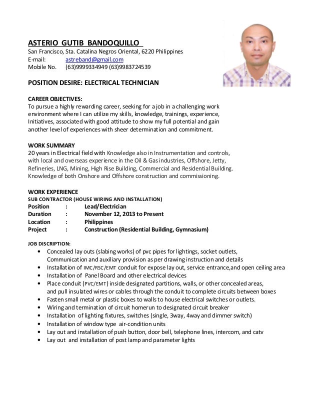 Instrument and electrical technician resume
