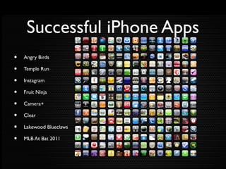 Successful iPhone Apps
• Angry Birds
• Temple Run
• Instagram
• Fruit Ninja
• Camera+
• Clear
• Lakewood Blueclaws
• MLB At Bat 2011
 