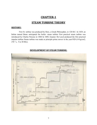 7
CHAPTER-1
STEAM TURBINE THEORY
HISTORY:
First St. turbine was produced by Hero, a Greek Philosopher, in 120 B.C. In 1829, an
Italian named Branc anticipated the boiler- steam turbine First practical steam turbine was
introduced by Charles Parsons in 1884 In 1889, Guastav De Laval produced the first practical
impulse turbine Steam turbine was made as principle prime mover in the year1920 (14 kg/cm2,
276 o
c, 5 to 30 Mw).
DEVELOPMENT OF STEAM TURBINE:
 