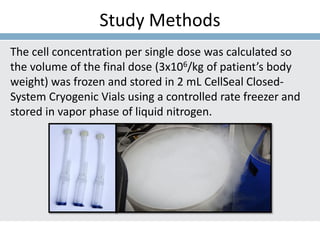 Study Methods
The cell concentration per single dose was calculated so
the volume of the final dose (3x106/kg of patient’s body
weight) was frozen and stored in 2 mL CellSeal Closed-
System Cryogenic Vials using a controlled rate freezer and
stored in vapor phase of liquid nitrogen.
 