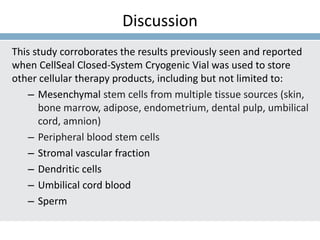 Discussion
This study corroborates the results previously seen and reported
when CellSeal Closed-System Cryogenic Vial was used to store
other cellular therapy products, including but not limited to:
– Mesenchymal stem cells from multiple tissue sources (skin,
bone marrow, adipose, endometrium, dental pulp, umbilical
cord, amnion)
– Peripheral blood stem cells
– Stromal vascular fraction
– Dendritic cells
– Umbilical cord blood
– Sperm
 