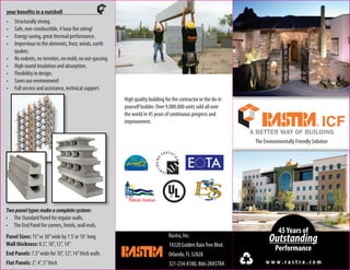 The Environmentally Friendly Solution
w w w . r a s t r a . c o m
High quality building for the contractor or the do-it-
yourself builder. Over 9,000,000 units sold all over
the world in 45 years of continuous progress and
improvement.
45Years of
Outstanding
Performance
Rastra, Inc.
14320 Golden RainTree Blvd.
Orlando, FL 32828
321-234-8180, 866-2RASTRA
your benefits in a nutshell			
•	 Structurally strong.
•	 Safe, non-combustible, 4 hour fire rating!
•	 Energy saving, great thermal performance.
•	 Impervious to the elements, frost, winds, earth
quakes.
•	 No rodents, no termites, no mold, no out-gassing.
•	 High sound insulation and absorption.
•	 Flexibility in design.
•	 Saves our environment!
•	 Full service and assistance, technical support.
Twopaneltypesmakeacompletesystem:
•	 The Standard Panel for regular walls.
•	 The End Panel for corners, lintels, wall ends.
Panel Sizes: 15”or 30”wide by 7.5’or 10‘ long
Wall thickness: 8.5”, 10”, 12”, 14”
End Panels: 7.5”wide for 10”, 12”, 14”thick walls
Flat Panels: 2”, 4”, 5”thick
 