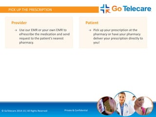 15© GoTelecare 2014-15| All Rights Reserved Private & Confidential
PICK UP THE PRESCRIPTION
Provider
→ Use our EMR or your own EMR to
ePrescribe the medication and send
request to the patient’s nearest
pharmacy.
Patient
→ Pick up your prescription at the
pharmacy or have your pharmacy
deliver your prescription directly to
you!
 