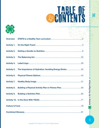 Activity1:OnTheRightTrack
1
Overview	 STEPS to a Healthy Teen curriculum...........................................................2
Activity 1.	 On the Right Track!........................................................................................3
Activity 2.	 Getting a Handle on Nutrition.......................................................................9
Activity 3.	 The Balancing Act........................................................................................23
Activity 4.	 Label Lingo...................................................................................................29
Activity 5.	 The Importance of Hydration: Avoiding Energy Drinks............................35
Activity 6.	 Physical Fitness Options.............................................................................43
Activity 7.	 Healthy Body Image....................................................................................51
Activity 8.	 Building a Physical Activity Plan or Fitness Plan......................................59
Activity 9.	 Building a Nutrition Plan.............................................................................65
Activity 10.	 In the Zone With YOUth...............................................................................71
Culture & Food...................................................................................................................79
Combined Glossary...........................................................................................................81
Table of
Contents
TOC
Copyright © 2013 National 4-H Council. All rights reserved.
 