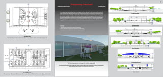 15
Sharpening Preschool
Designed by Indhava Kunjara							 		 Assisted by Revit
Concept:
- The idea was inspired by a pencil sharpener.
- Basic geometric shapes are attractive to little kids.
- Architecture that blends the flow of nature into life.
It is a glass-box like building that is enveloped with an oblong fin-like frames with a series of
clearverticalstripsaffixedontheupperpartoftheframe;lettingafreeflowonthebottomend.
Each piece of strip is tied with a metal hollow tube at the bottom to let the natural wind gener-
ate musical melody in the air as the tubes hit each other while being blown by the wind. This
architecturalelementbringslifeintotheoutdoorplaygroundactivity.Therearethreebenefits
of this special element. First, it acts as a musical instrument. Second, it soften daylight (reduc-
ing glare). Third, it slows down wind speed, thereby, reducing lateral load on the curtain wall.
The Exterior perspective looking at the outdoor playground
The oblong facade generates the dynamic effect to the building that coresponds to other cuving features
of the building which include round columns and corners
Second floor plan
The quiet zone: Classrooms, Waiting areas, Admin. area, Teacher offices, Conference room, Library, Science center
First floor plan
The loud zone: Art room, Drama room, Music room, Cafeteria, Indoor and outdoor playground
North Elevation
East Elevation
South Elevation
West Elevation
Longitudital Section
Cross Section
 