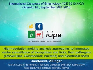 High-resolution melting analysis approaches to integrated
vector surveillance of mosquitoes and ticks, their pathogens
(arboviruses, Plasmodium, bacteria) and bloodmeal hosts
Jandouwe Villinger
Martin Lüscher Emerging Infectious Diseases (ML-EID) Laboratory
icipe Duduville campus, Nairobi, Kenya
International Congress of Entomology (ICE 2016 XXV)
Orlando, FL, September 29th, 2016
 